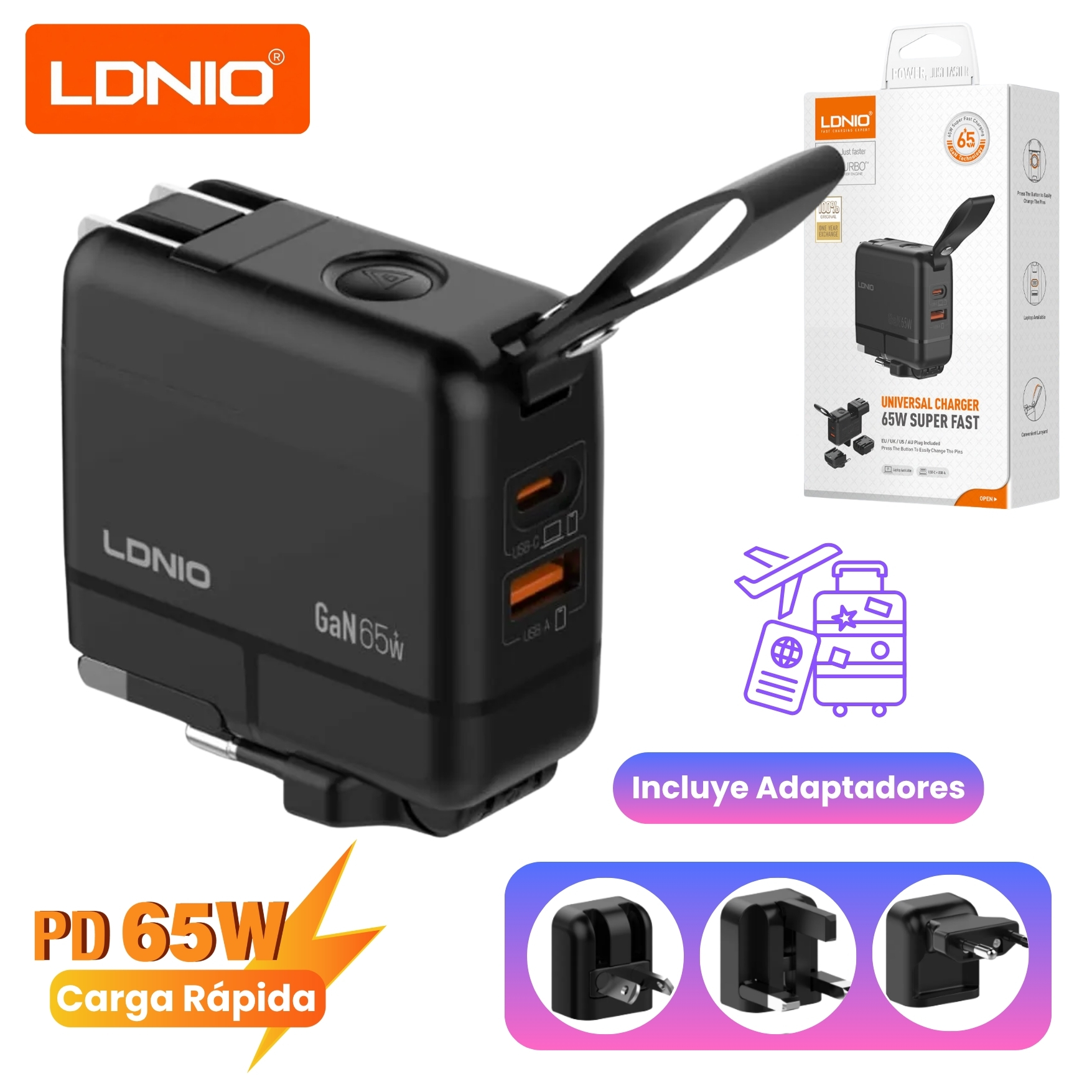 CARGADOR LDNIO CARGA RÁPIDA 65W GAN CON ADAPTADOR UNIVERSAL VIAJERO PARA LAPTOP MACBOOK COMPACTO - 1