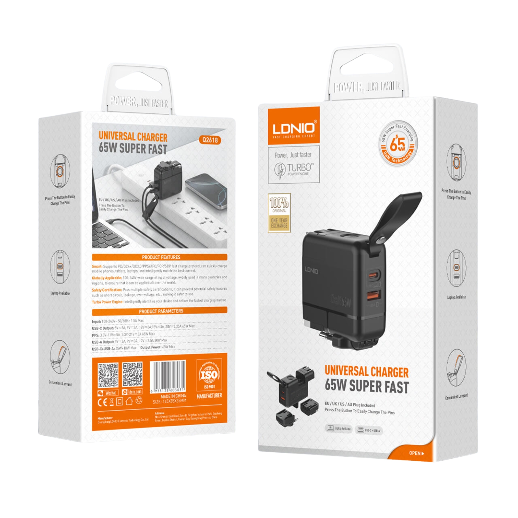 CARGADOR LDNIO CARGA RÁPIDA 65W GAN CON ADAPTADOR UNIVERSAL VIAJERO PARA LAPTOP MACBOOK COMPACTO - 7