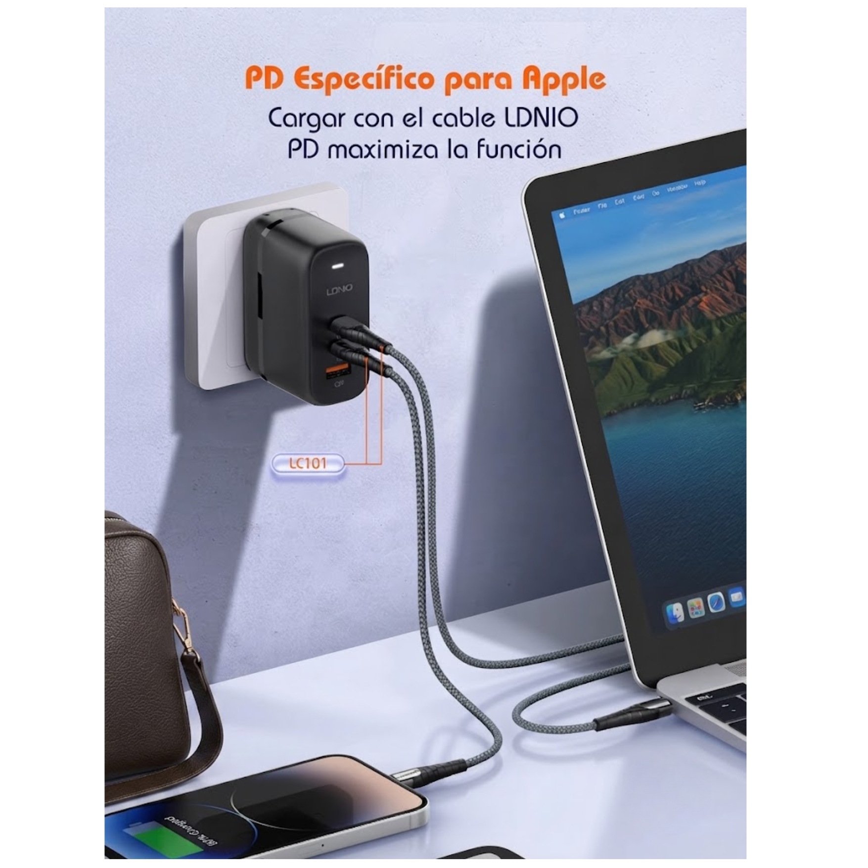 CARGADOR LDNIO GAN 65W , CARGA RÁPIDA CON ADAPTADOR UNIVERSAL VIAJERO PARA LAPTOP MACBOOK - 3