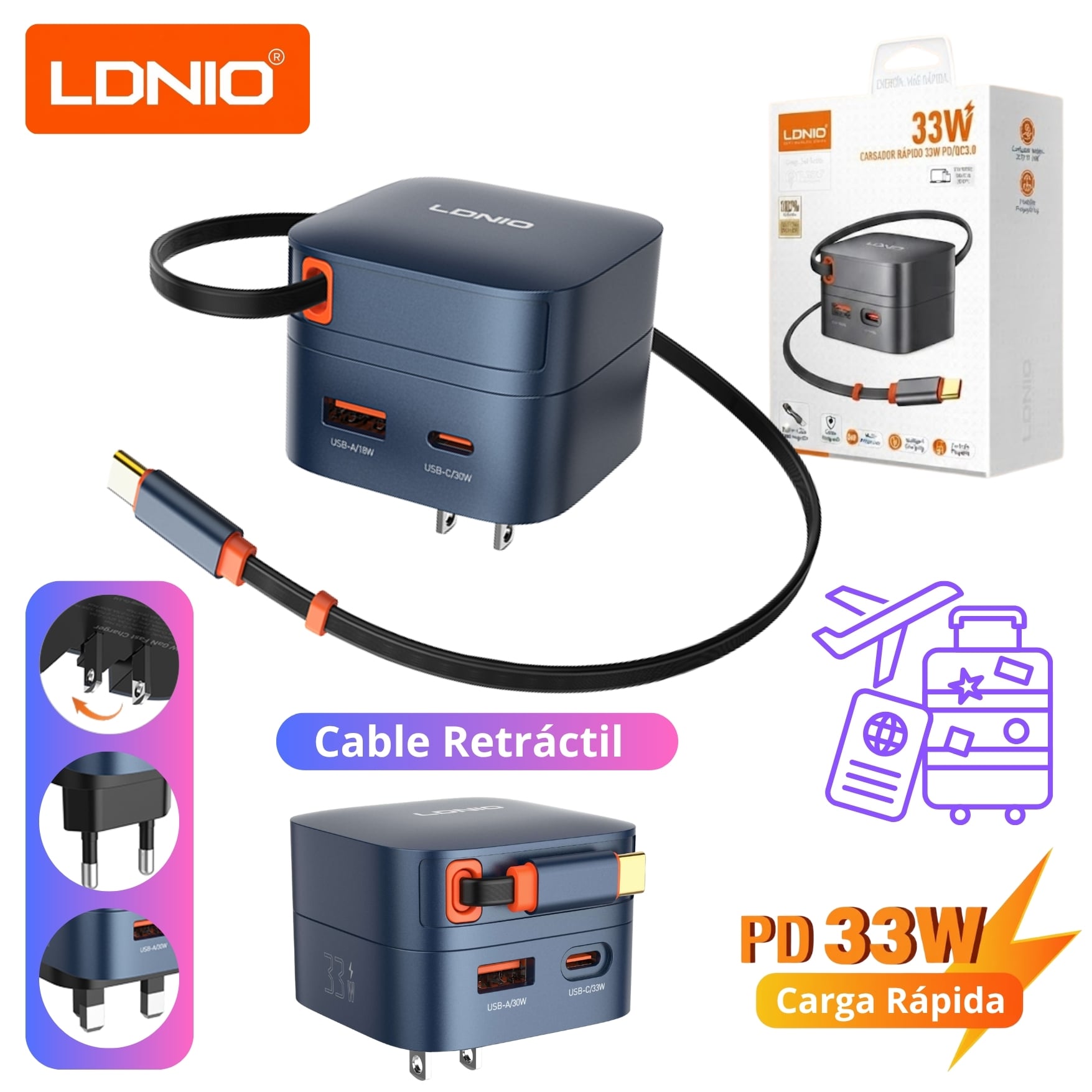 CARGADOR LDNIO GAN 33W, CARGADOR RÁPIDO CON CABLE RETRÁCTIL PARA HONOR IPHONE IPAD XIAOMI SAMSUNG - 1