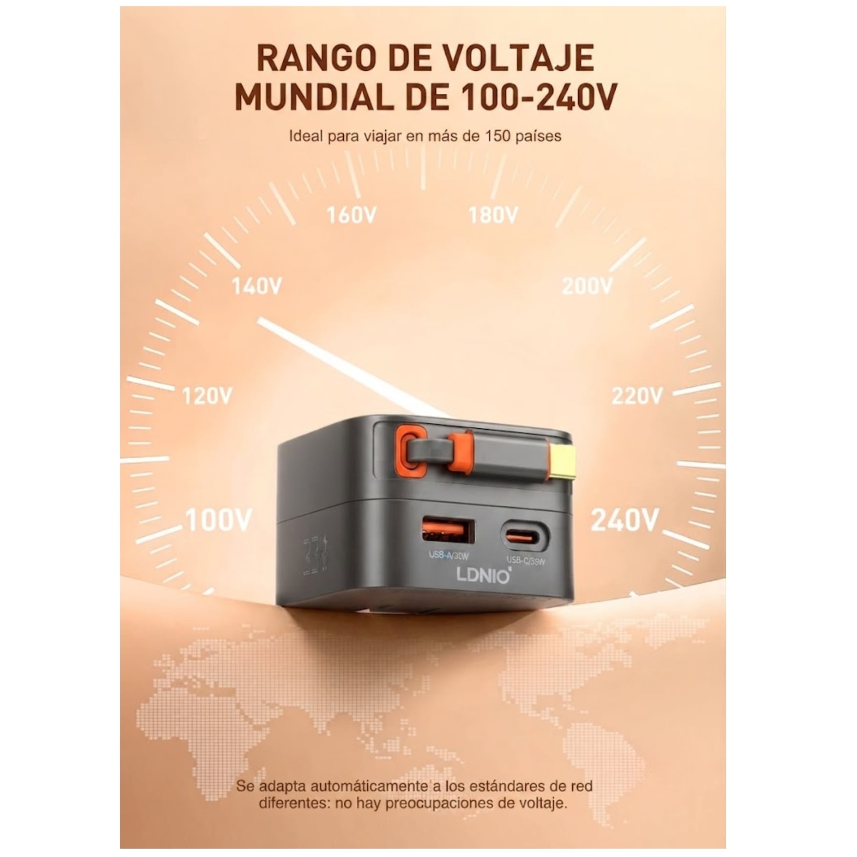 CARGADOR LDNIO GAN 33W, CARGADOR RÁPIDO CON CABLE RETRÁCTIL PARA HONOR IPHONE IPAD XIAOMI SAMSUNG - 3