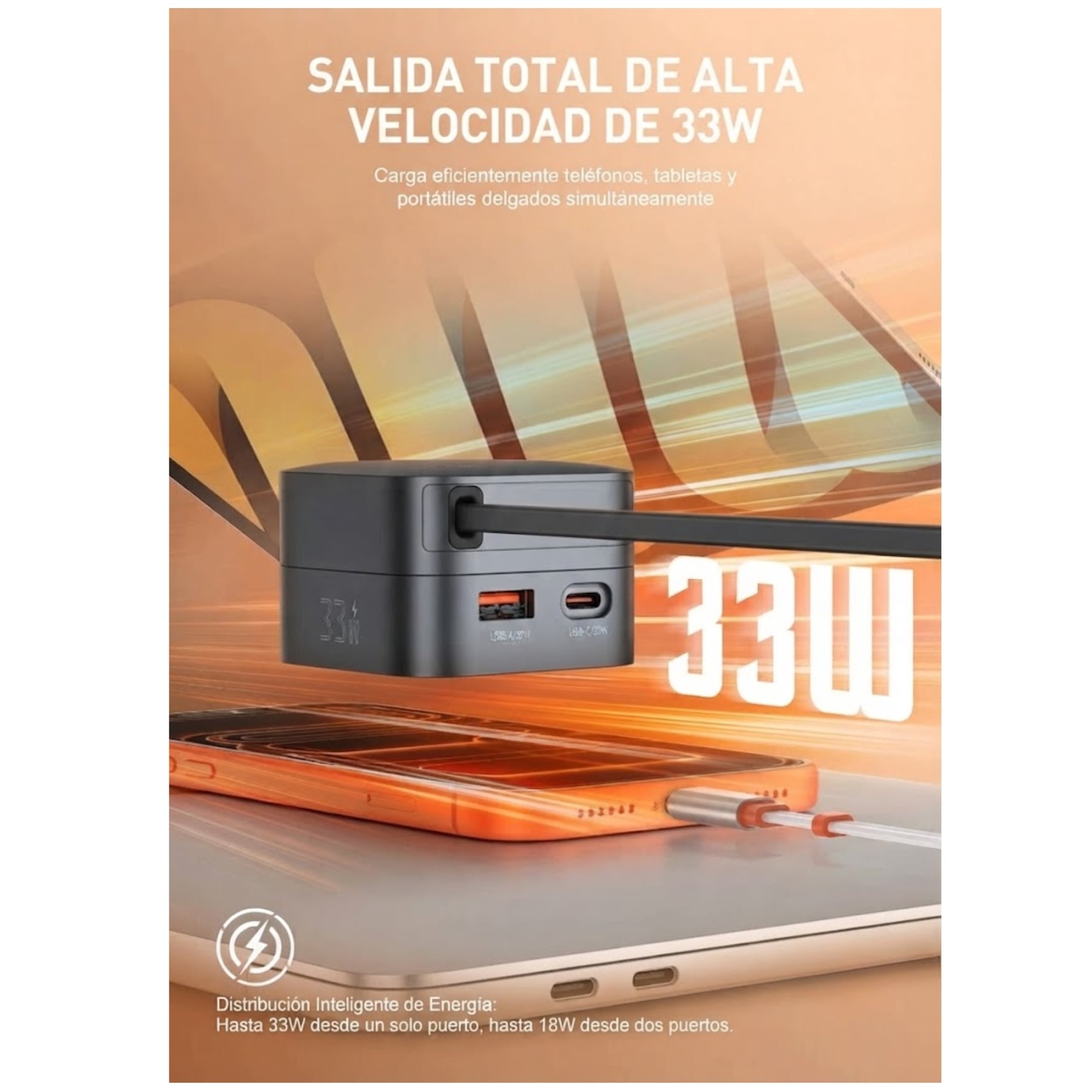 CARGADOR LDNIO GAN 33W, CARGADOR RÁPIDO CON CABLE RETRÁCTIL PARA HONOR IPHONE IPAD XIAOMI SAMSUNG - 5