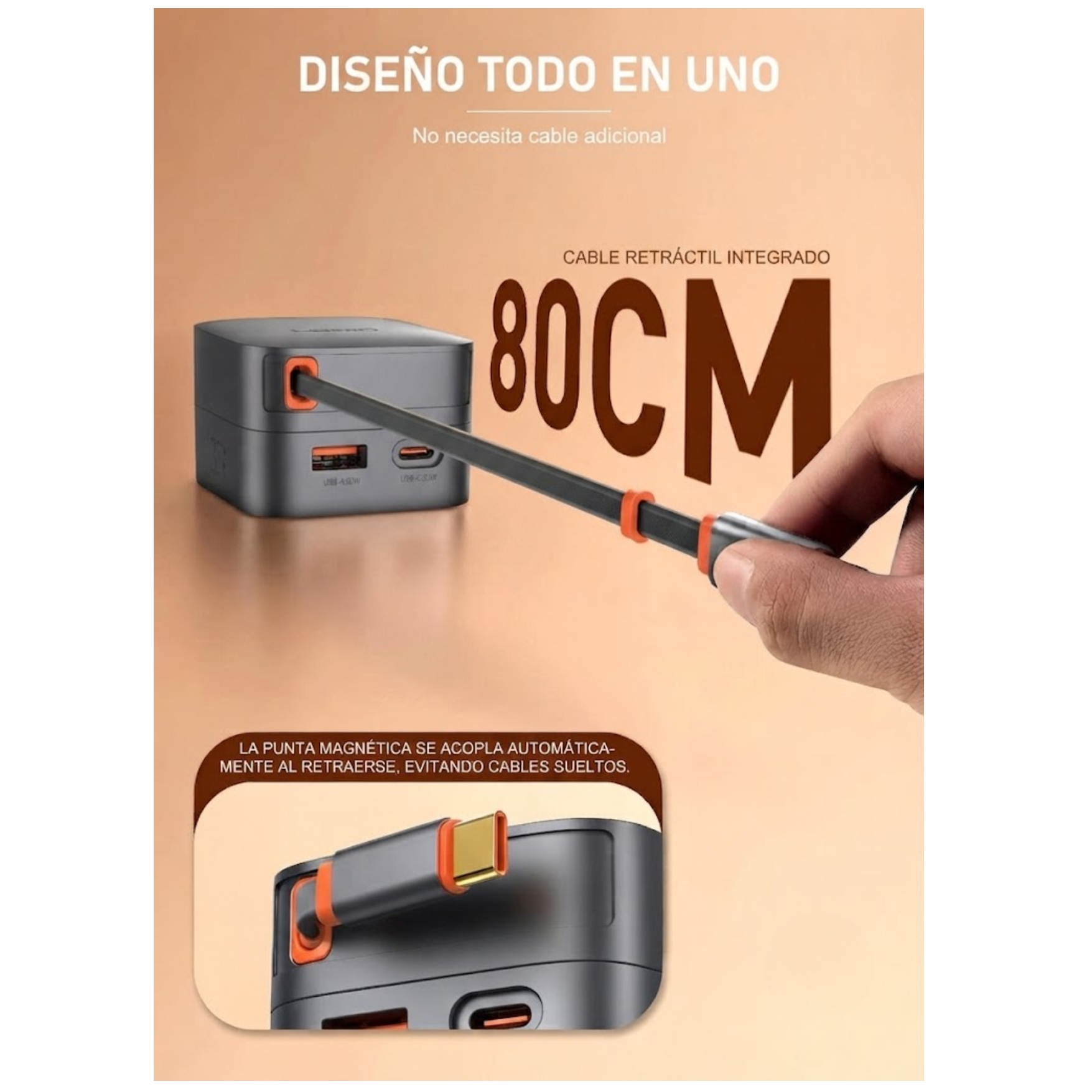 CARGADOR LDNIO GAN 33W, CARGADOR RÁPIDO CON CABLE RETRÁCTIL PARA HONOR IPHONE IPAD XIAOMI SAMSUNG - 6