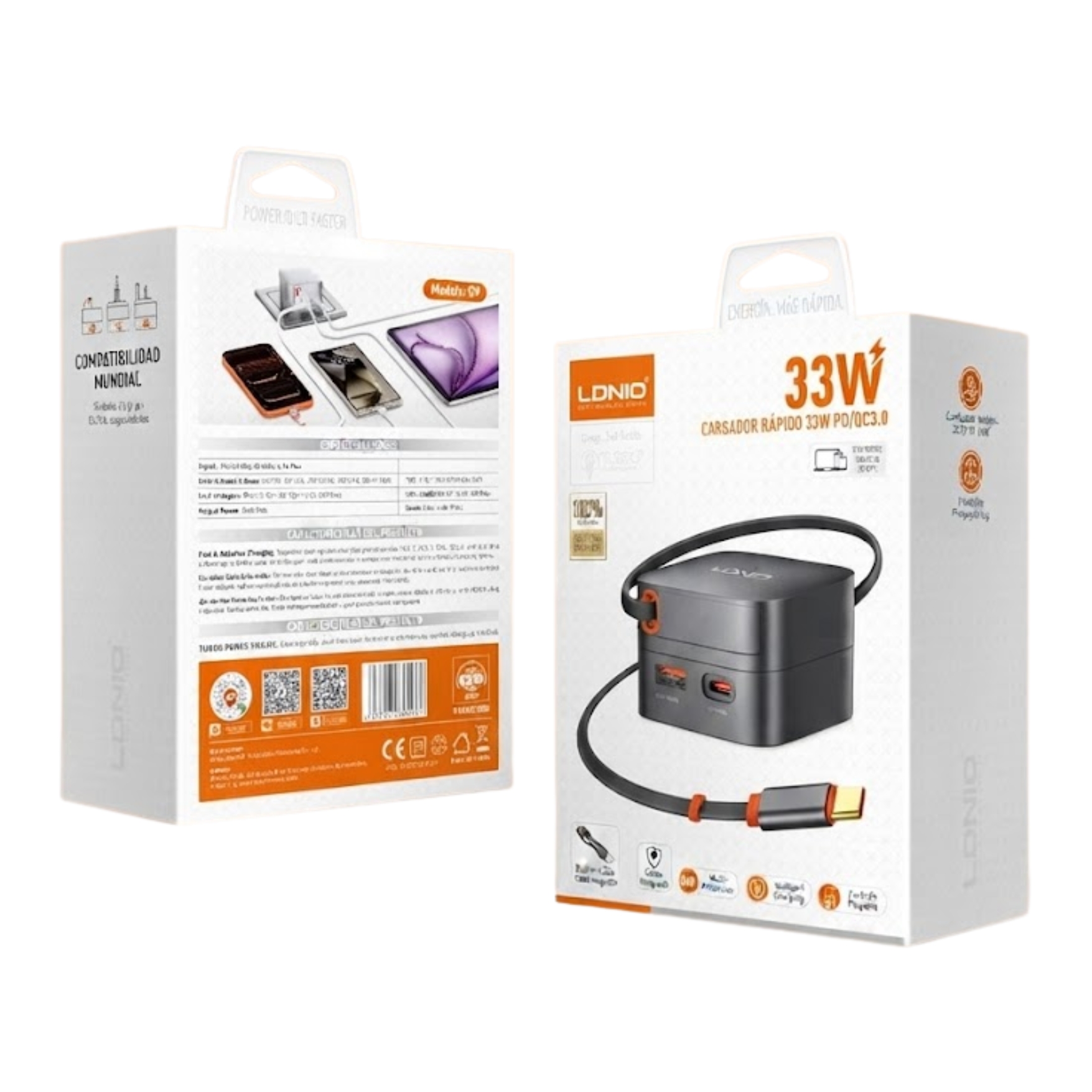 CARGADOR LDNIO GAN 33W, CARGADOR RÁPIDO CON CABLE RETRÁCTIL PARA HONOR IPHONE IPAD XIAOMI SAMSUNG - 7