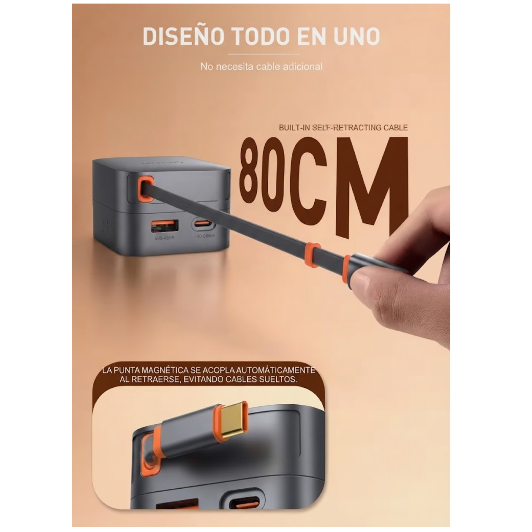 CARGADOR LDNIO GAN 65W , CARGA RÁPIDA TURBO CON CABLE RETRÁCTIL PARA LAPTOP MACBOOK - 5