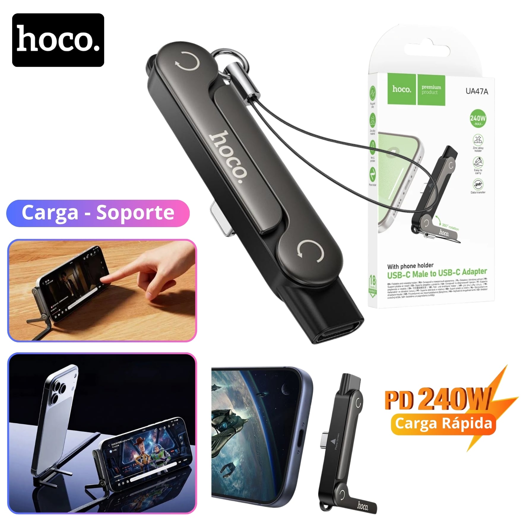 ADAPTADOR CABLE TIPO C A TYPE C CARGA RAPIDA 240W 2 EN 1 HOLDER SOPORTE CELULAR HOCO UA47A - 1