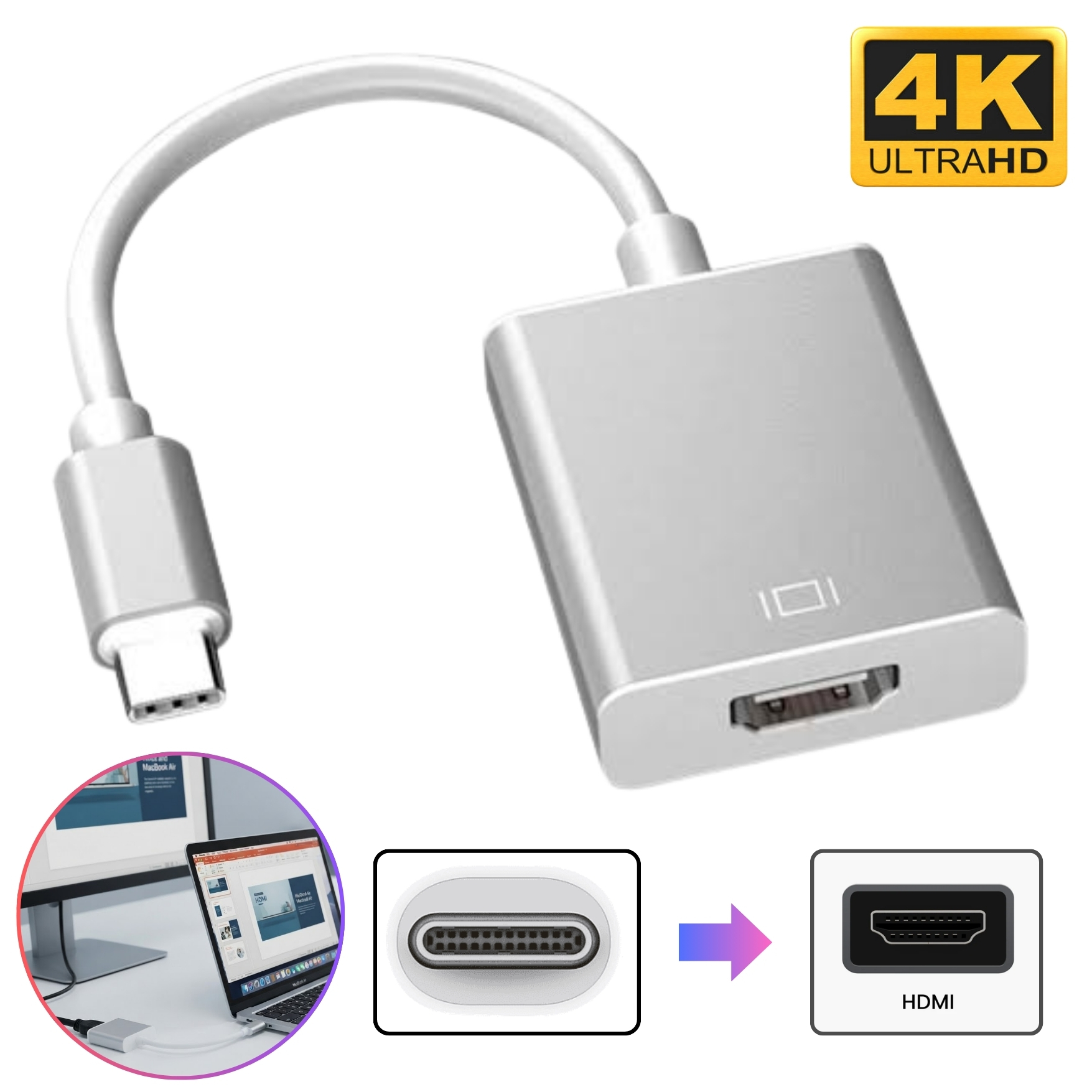 ADAPTADOR TYPE C A HDMI CONVERTIDOR TIPO C A HDMI 4K, CABLE ALTA DEFINICIÓN COMPATIBLE CON MACBOOK PRO Y LAPTOPS - 1