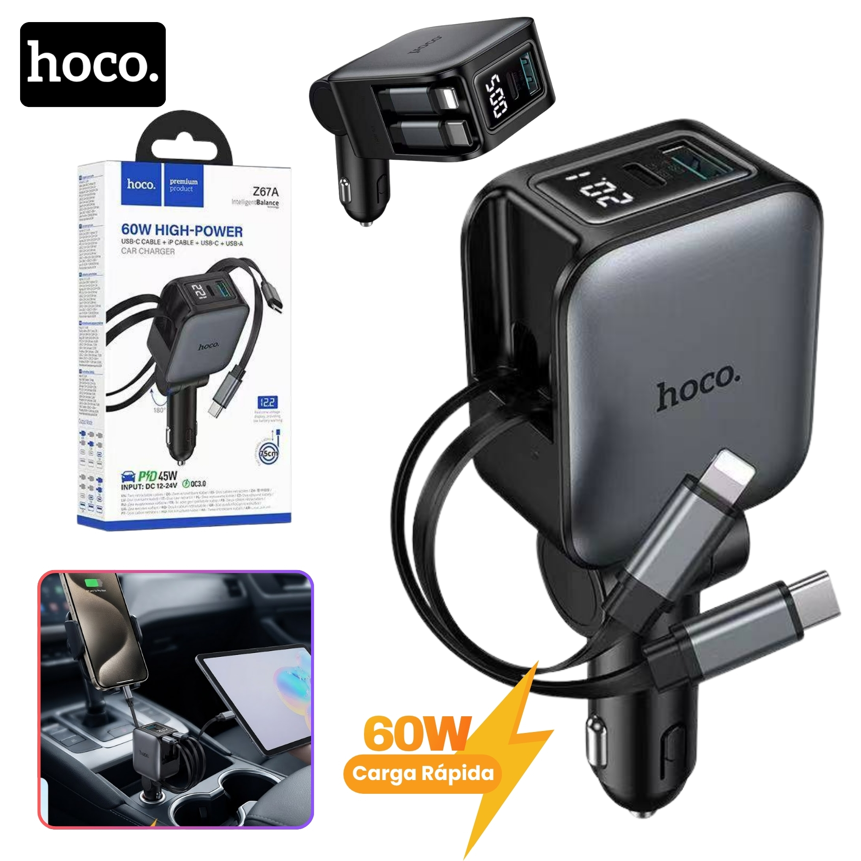 CARGADOR DE AUTO HOCO 60W RETRÁCTIL CARGA RÁPIDA PARA MACBOOK LAPTOP  CELULAR - 1