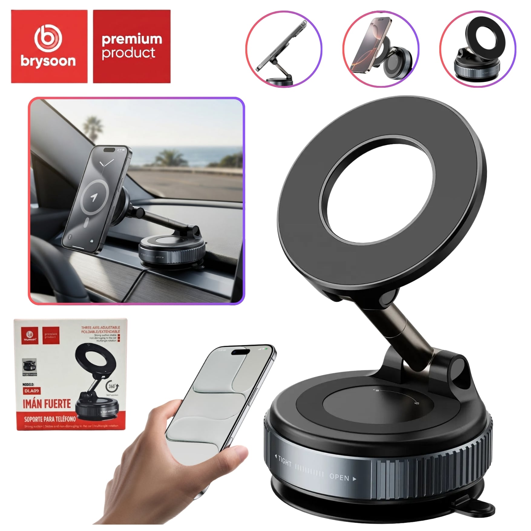 SOPORTE MAGNÉTICO PARA CELULAR HOLDER PARA AUTO AJUSTABLE 360° CON VENTOSA BRYSOON DLA09 - 1