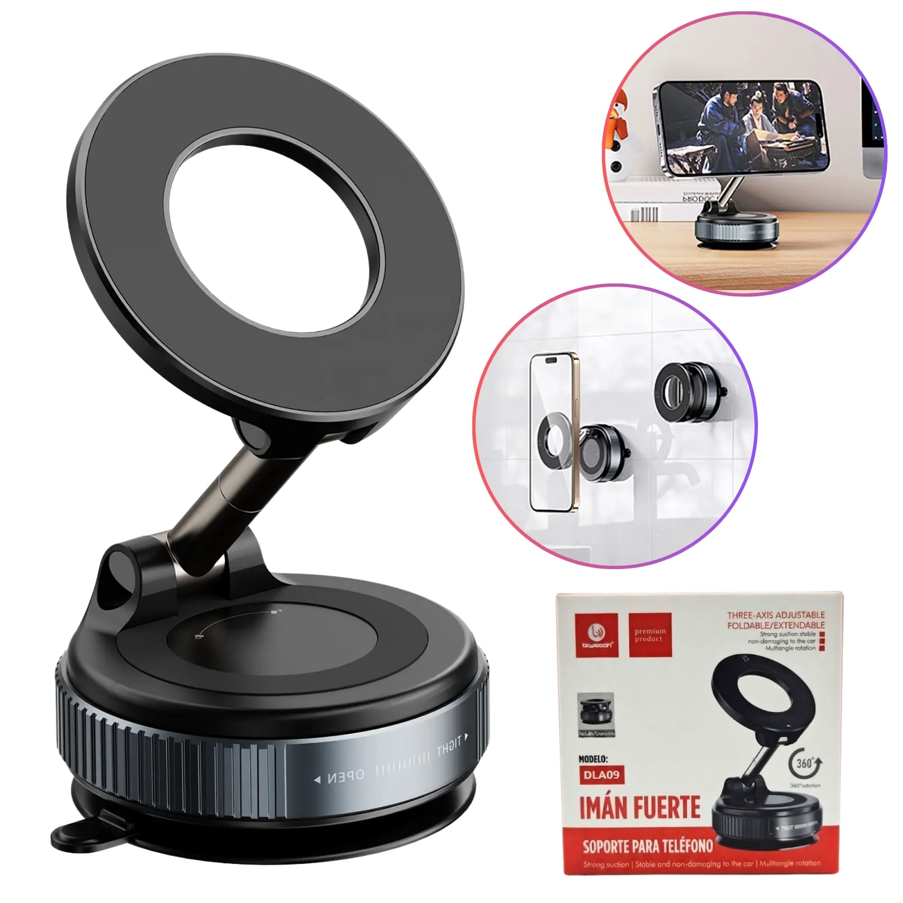SOPORTE MAGNÉTICO PARA CELULAR HOLDER PARA AUTO AJUSTABLE 360° CON VENTOSA BRYSOON DLA09 - 2
