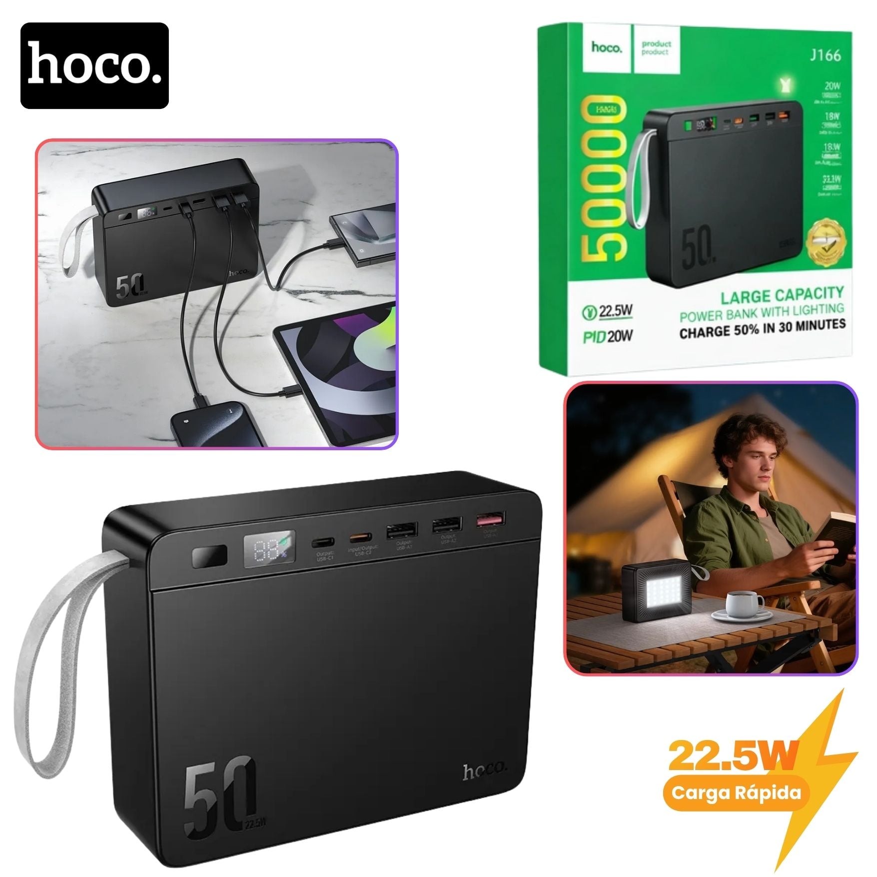 POWER BANK HOCO 50000MAH CARGA RAPIDA 22,5W ESTACION DE CARGA BATERIA PORTATIL PARA IPHONE XIOAMI - 1