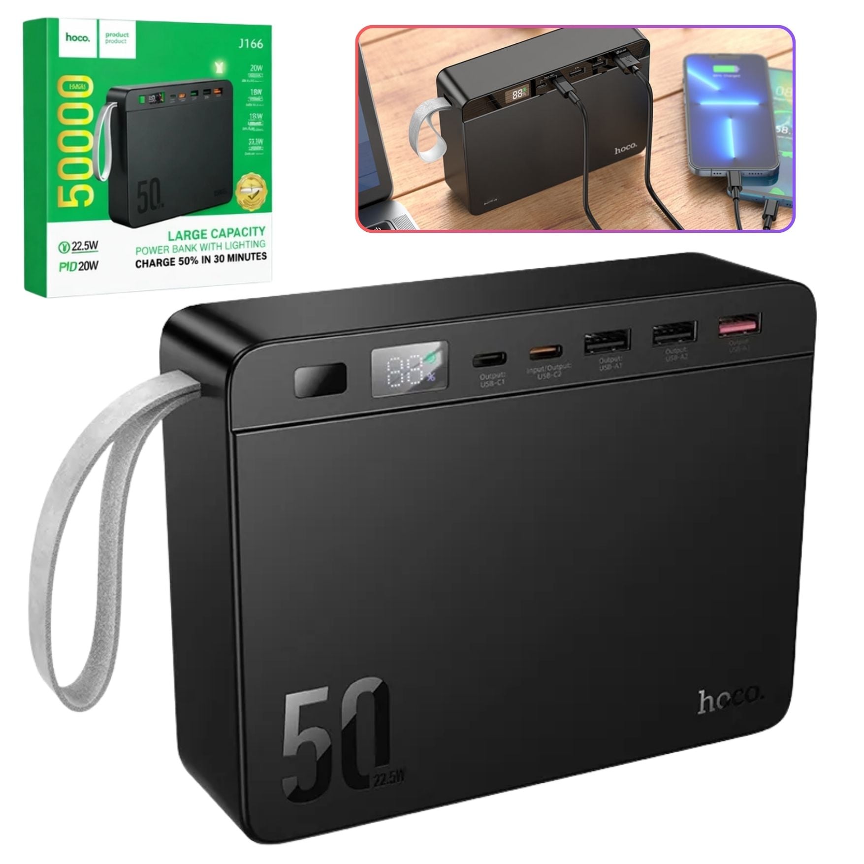POWER BANK HOCO 50000MAH CARGA RAPIDA 22,5W ESTACION DE CARGA BATERIA PORTATIL PARA IPHONE XIOAMI - 2