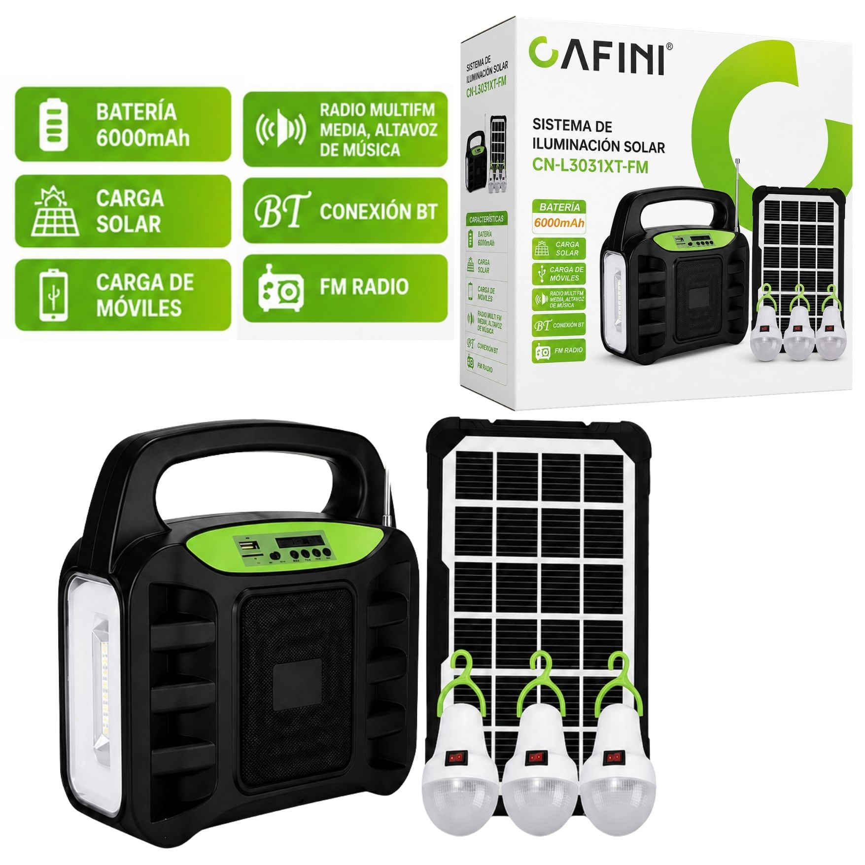 FUENTE ENERGIA SOLAR PORTÁTIL PANEL SOLAR PARLANTE BLUETOOTH RADIO FM LINTERNA 3 FOCOS CAMPING - 1