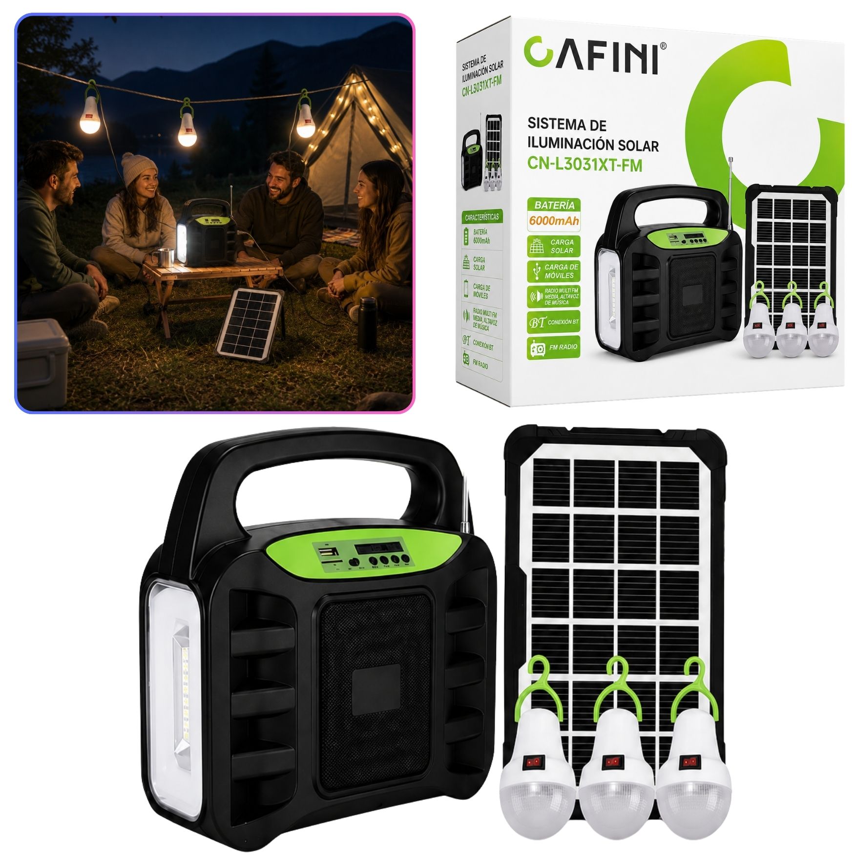 FUENTE ENERGIA SOLAR PORTÁTIL PANEL SOLAR PARLANTE BLUETOOTH RADIO FM LINTERNA 3 FOCOS CAMPING - 2