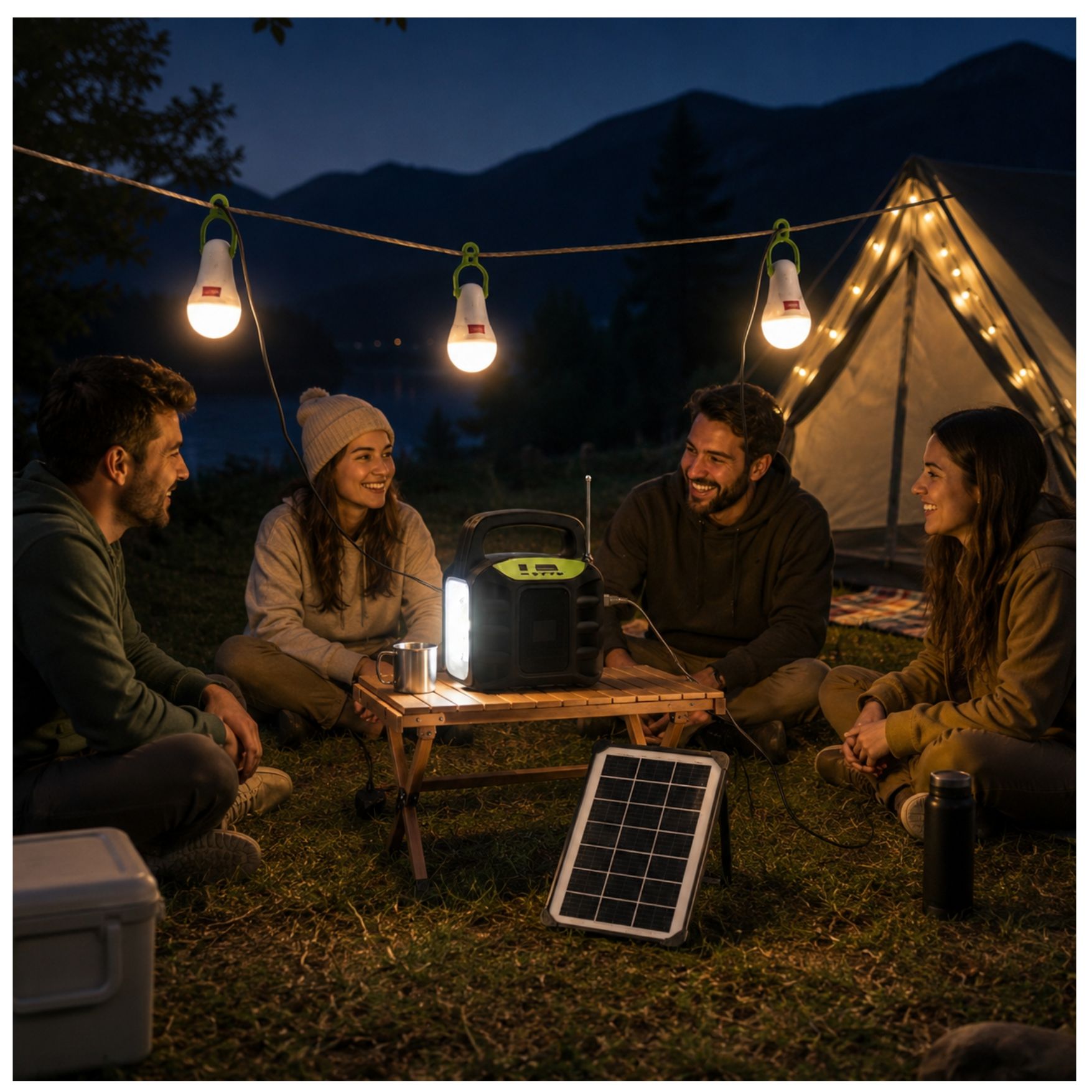 FUENTE ENERGIA SOLAR PORTÁTIL PANEL SOLAR PARLANTE BLUETOOTH RADIO FM LINTERNA 3 FOCOS CAMPING - 4