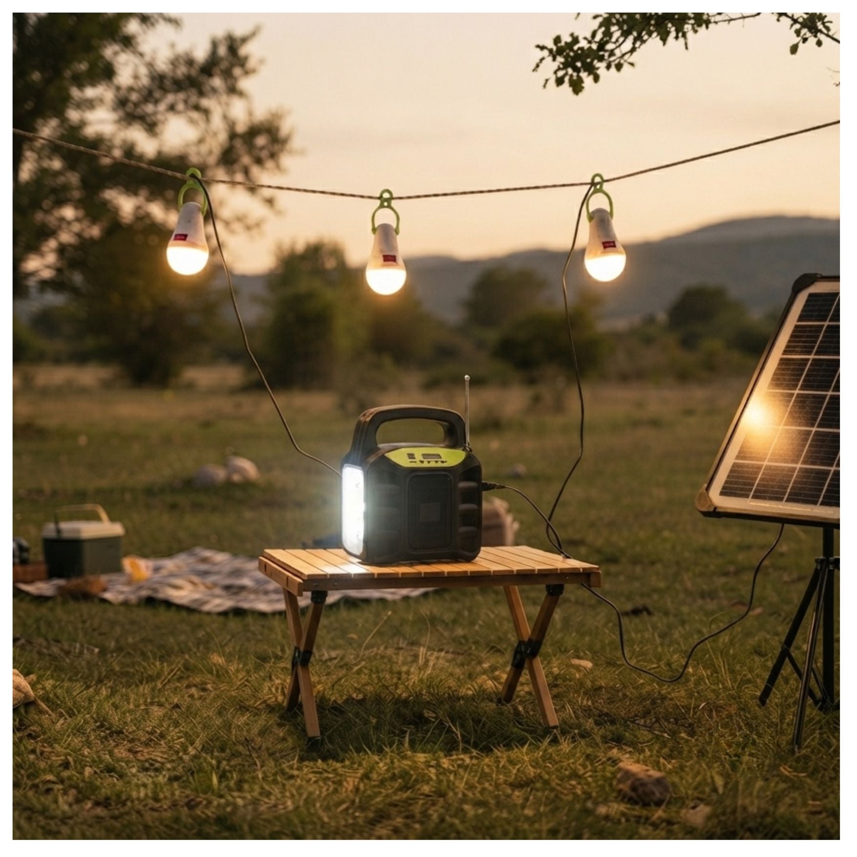 FUENTE ENERGIA SOLAR PORTÁTIL PANEL SOLAR PARLANTE BLUETOOTH RADIO FM LINTERNA 3 FOCOS CAMPING - 5