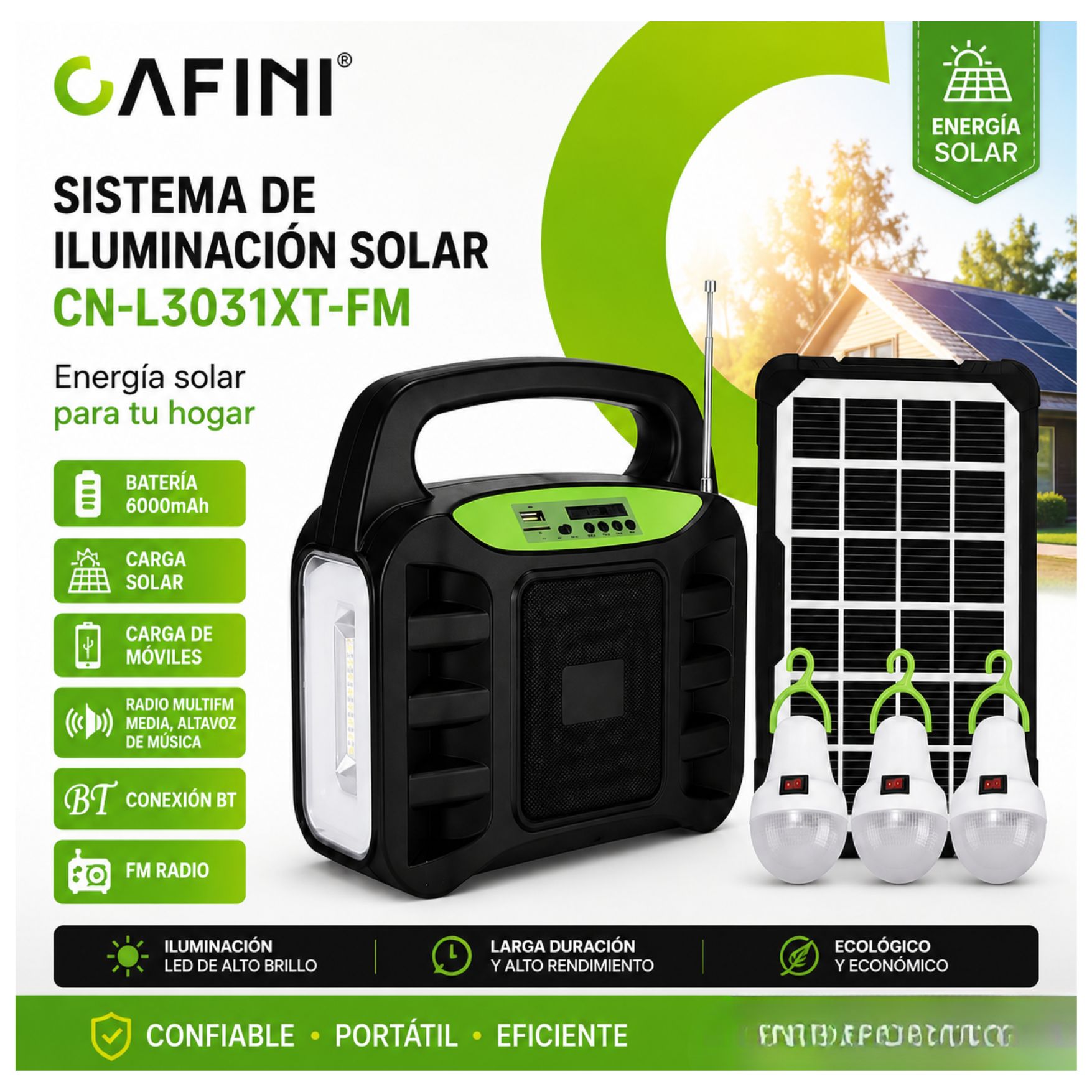FUENTE ENERGIA SOLAR PORTÁTIL PANEL SOLAR PARLANTE BLUETOOTH RADIO FM LINTERNA 3 FOCOS CAMPING - 6
