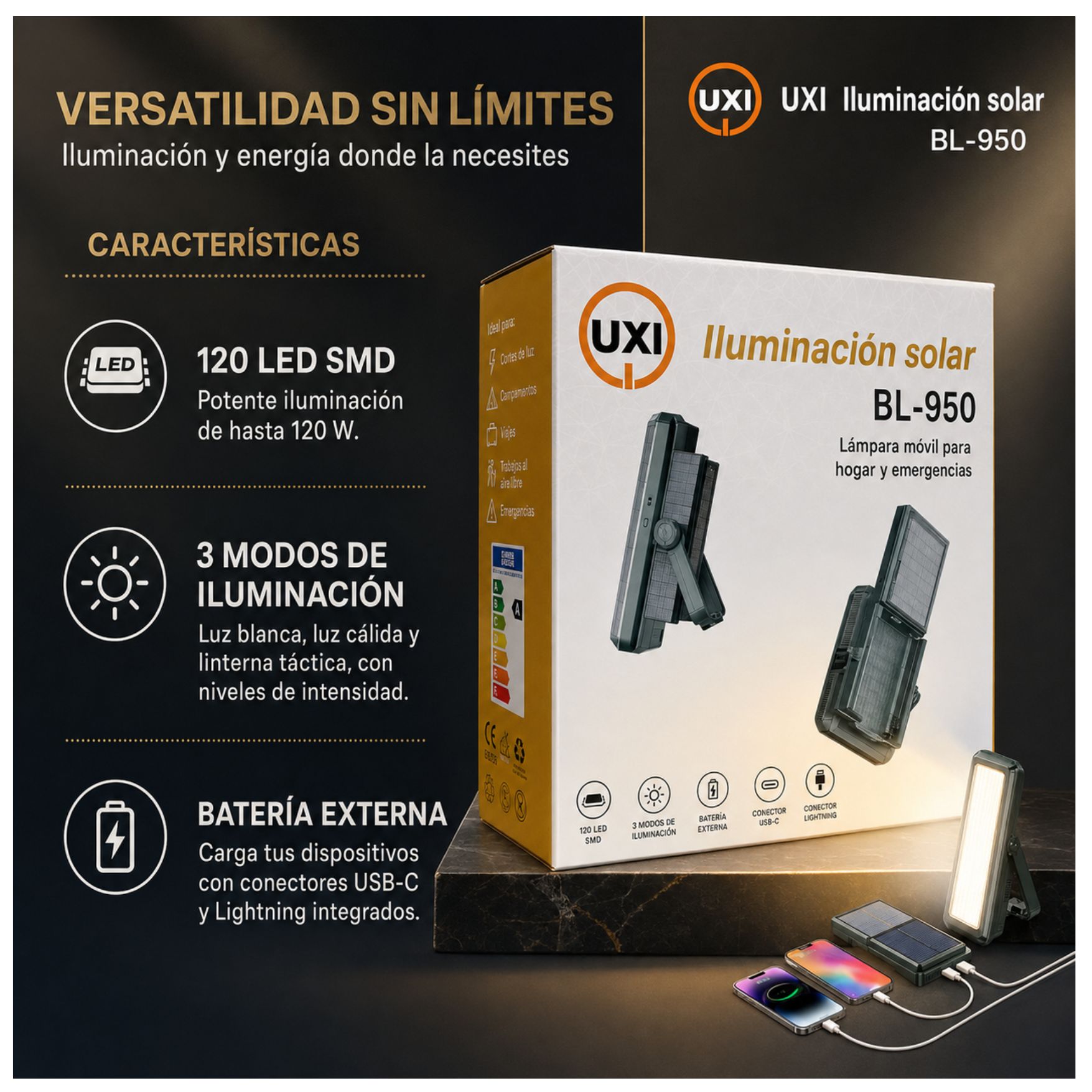 LAMPARA 3 EN 1 REFLECTOR LUZ DE EMERGENCIA LINTERNA POWER BANK CON PANEL SOLAR RECARGABLE CAMPING - 3