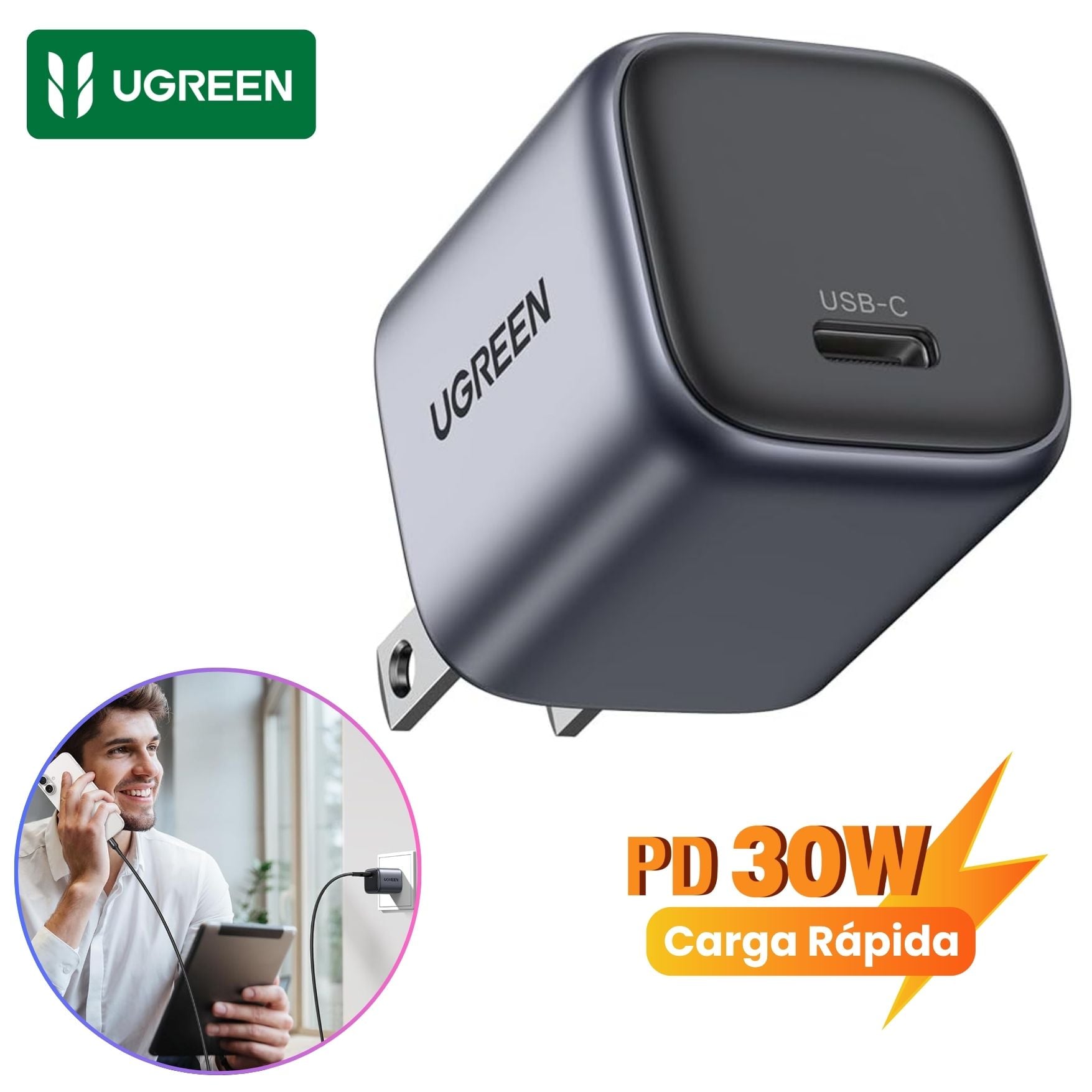 CARGADOR UGREEN TYPE C DE 30W PARA IPHONE 17, IPAD PRO PLEGABLE GAN NEXODE CARGA RAPIDA - 1