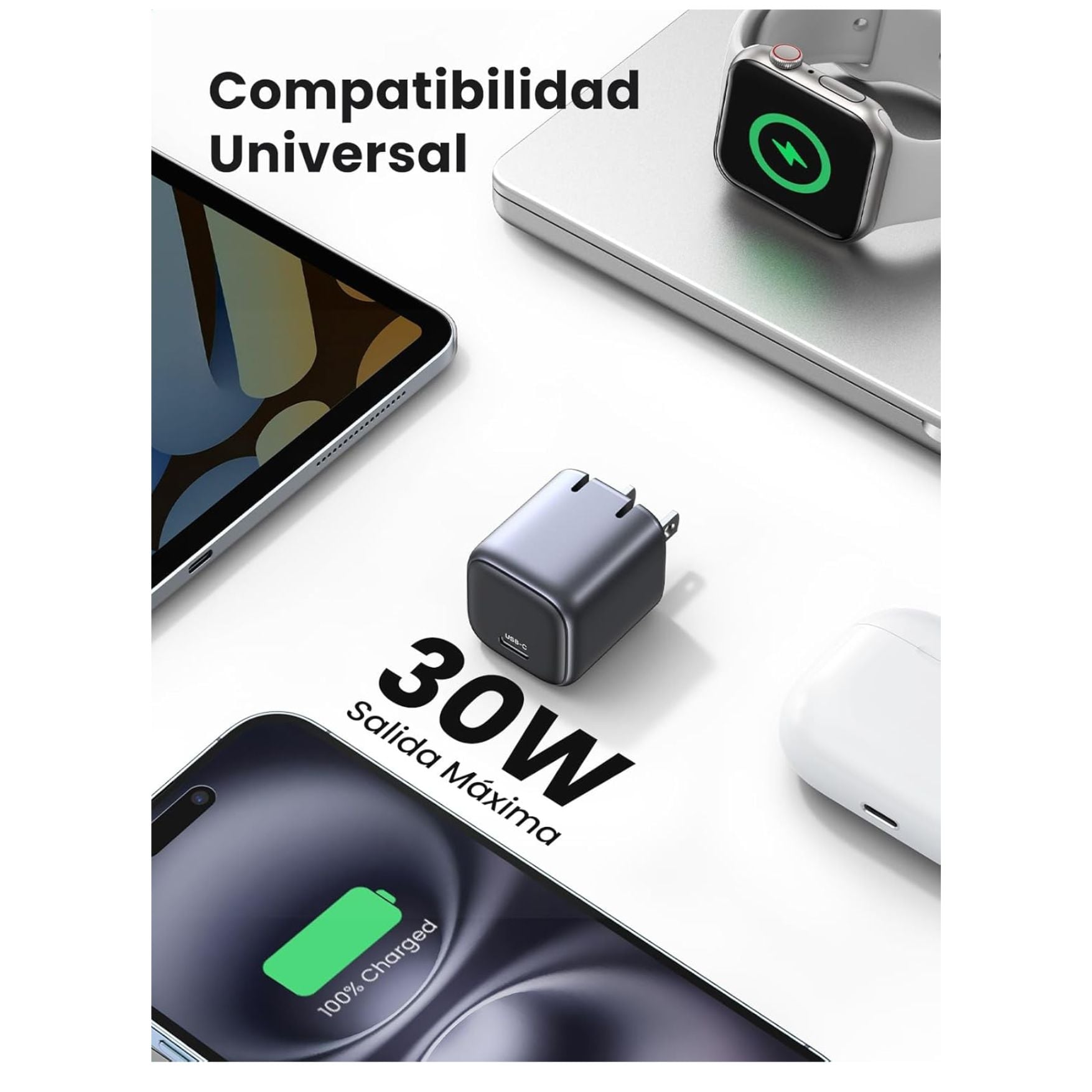 CARGADOR UGREEN TYPE C DE 30W PARA IPHONE 17, IPAD PRO PLEGABLE GAN NEXODE CARGA RAPIDA - 2