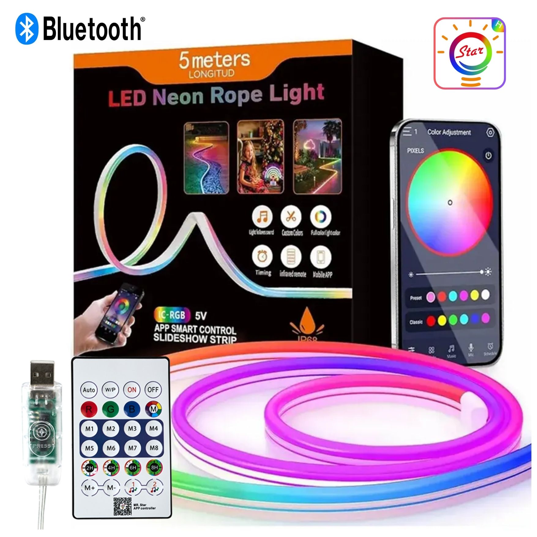 CINTA LUCES NEÓN RGB 5M BLUETOOTH APP RITMO MUSICAL Y CONTROL - 1