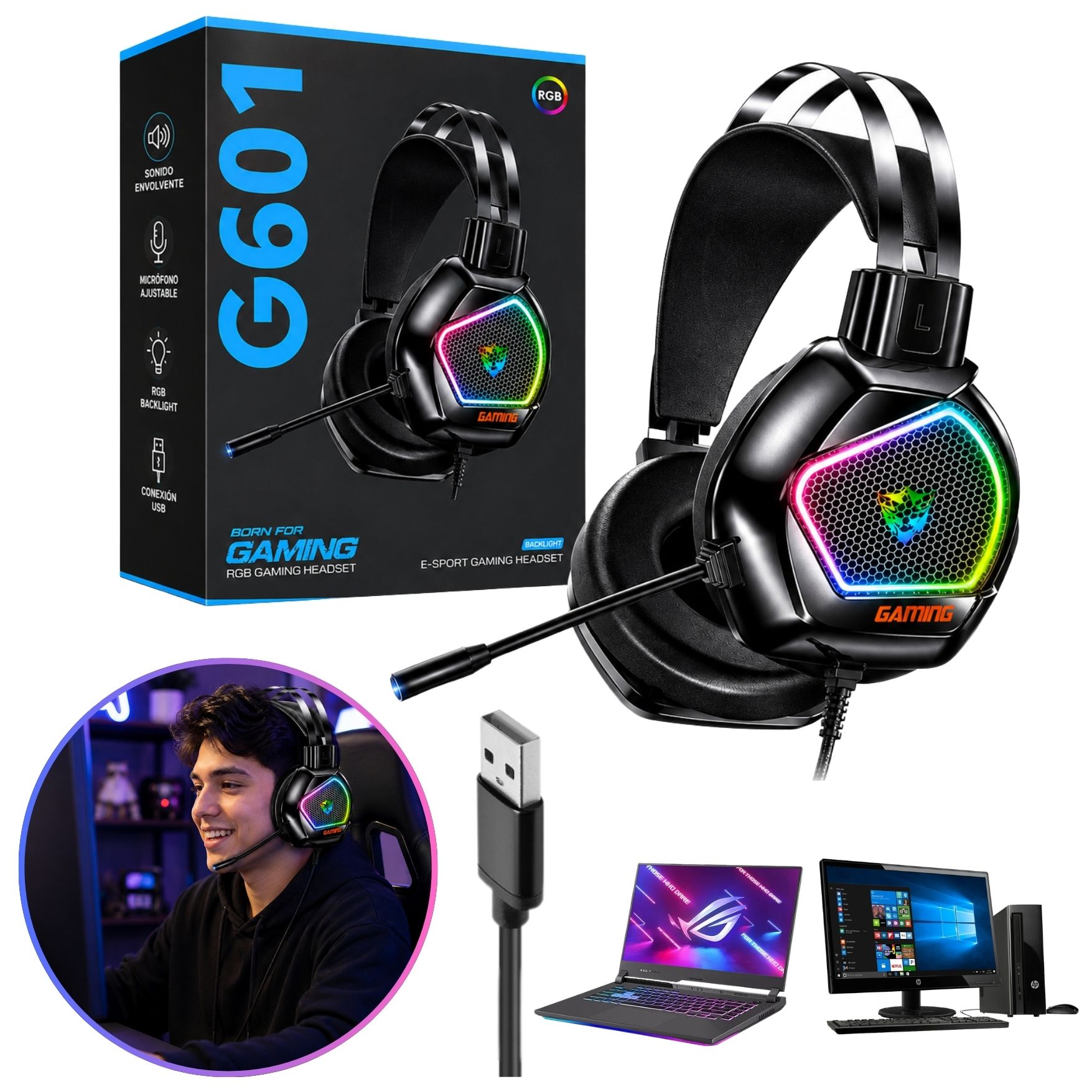 AUDIFONO GAMER CON MICRÓFONO RGB 7.1 USB PARA LAPTOP PC GAMING - 1