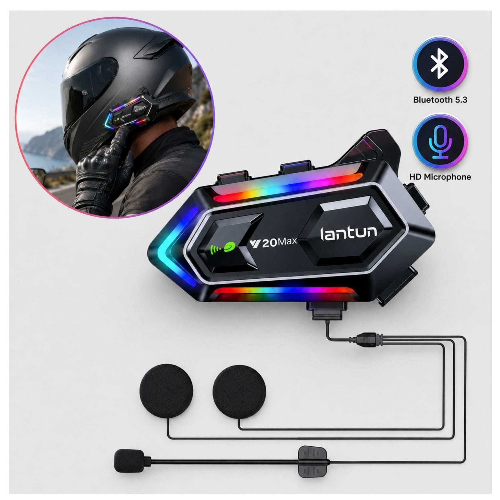 AUDIFONO BLUETOOTH PARA CASCO DE MOTO Y20MAX CON LUZ RGB CON MICRÓFONO - 2