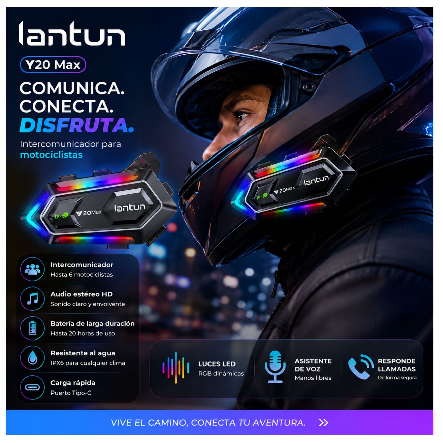AUDIFONO BLUETOOTH PARA CASCO DE MOTO Y20MAX CON LUZ RGB CON MICRÓFONO - 4
