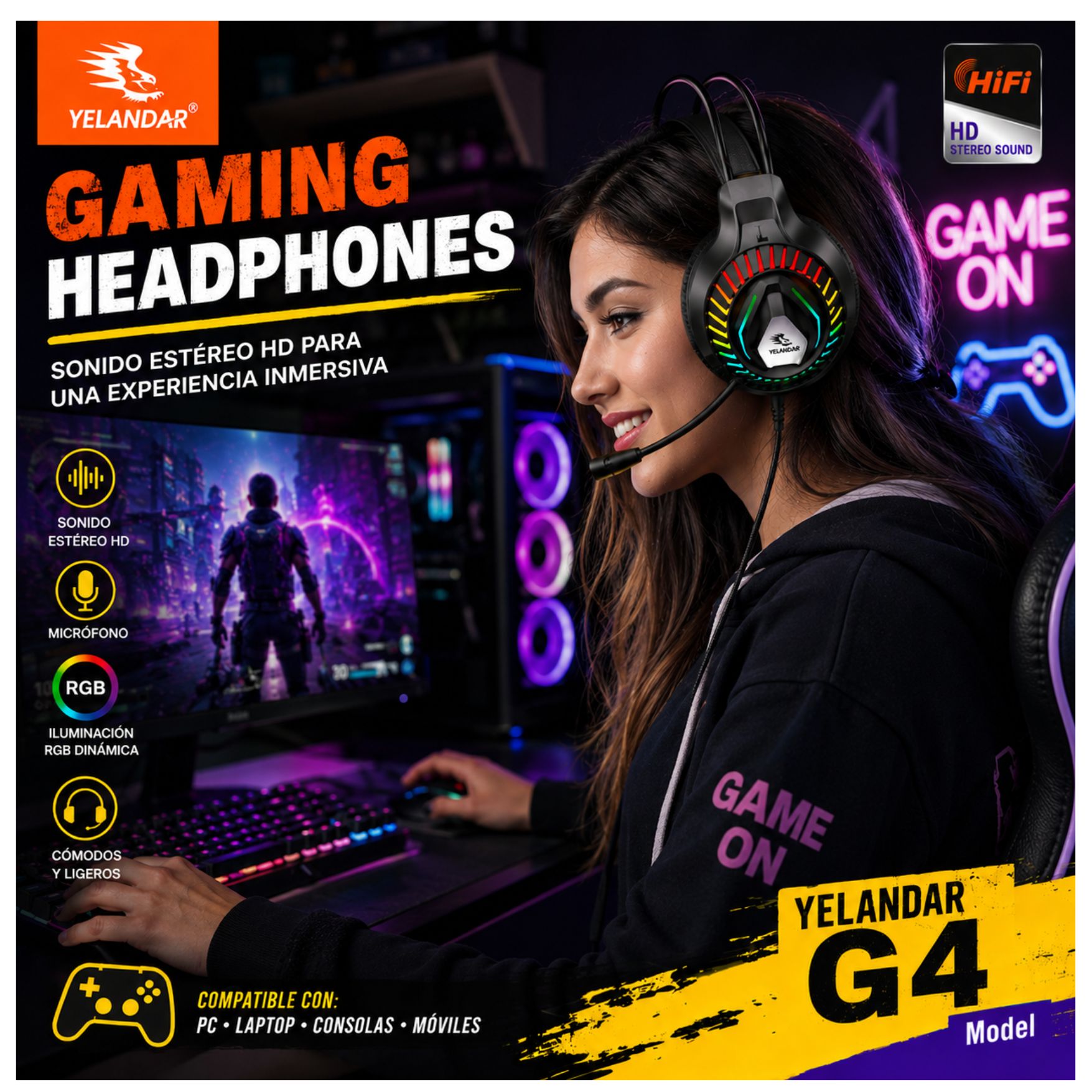 AUDIFONO GAMER CON LUCES RGB Y MICROFONO PARA PC LAPTOP PS4 SWITCH CON ENTRADA JACK 3.5MM - 6