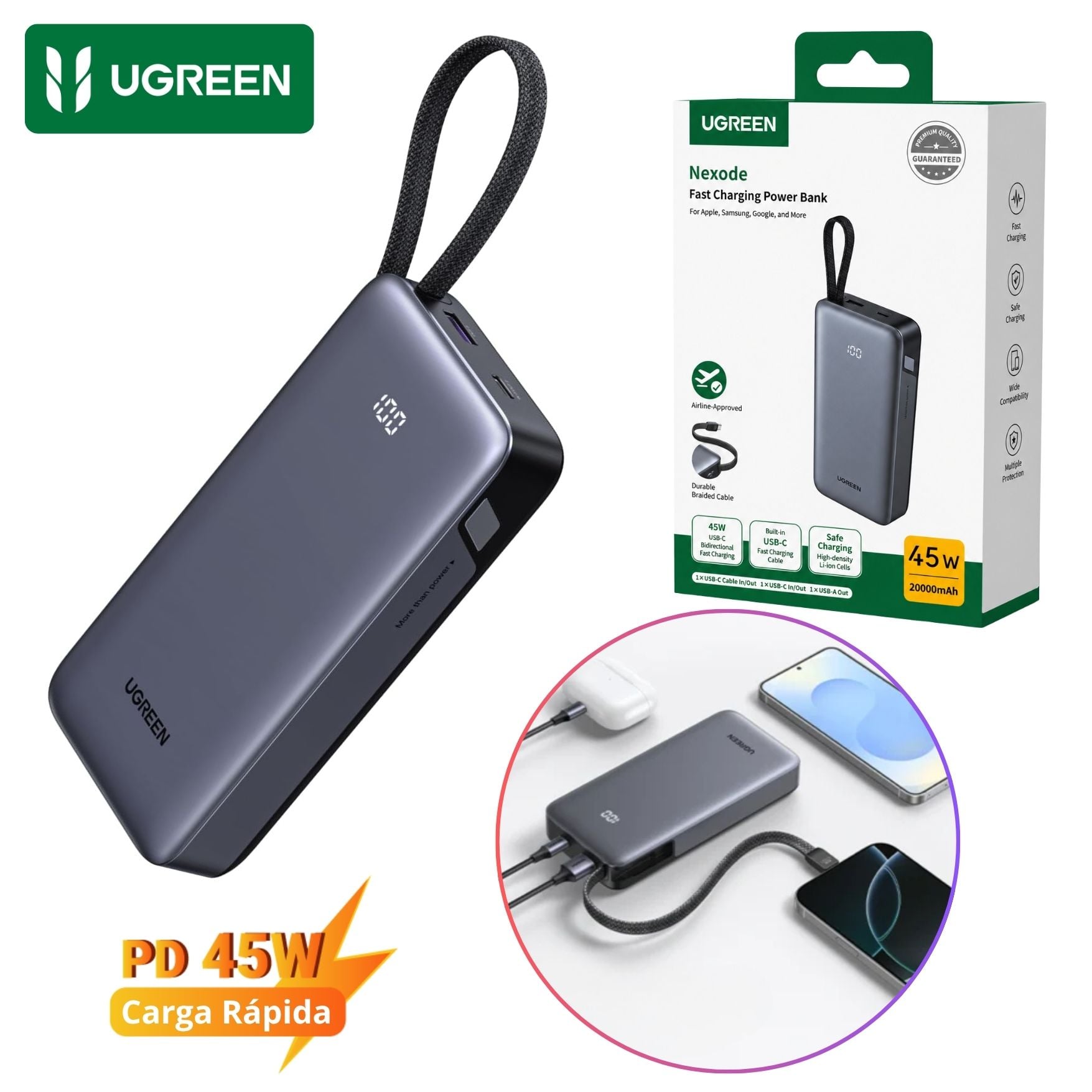 POWER BANK UGREEN 20000MAH 45W, BATERÍA PORTÁTIL CON CABLE INTEGRADO PARA LAPTOP Y CELULAR - 1