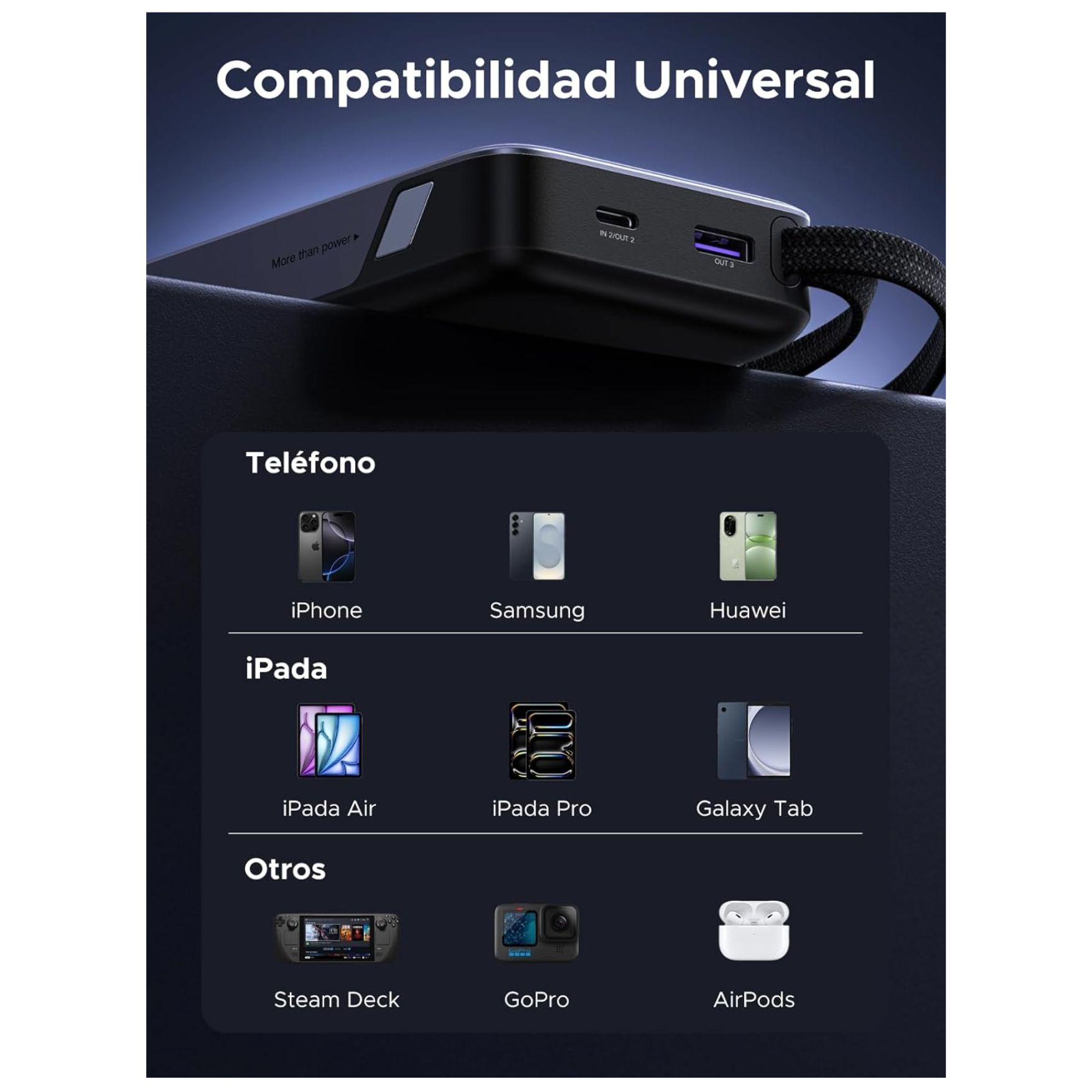 POWER BANK UGREEN 20000MAH 45W, BATERÍA PORTÁTIL CON CABLE INTEGRADO PARA LAPTOP Y CELULAR - 6