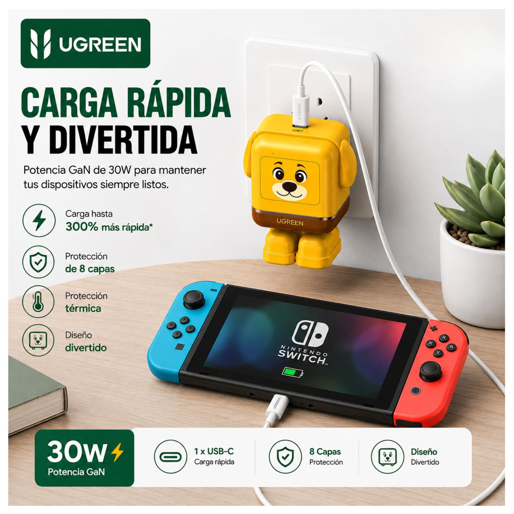 CARGADOR UGREEN TYPE C CARGA RAPIDA 30W GAN MINI ROBOT PARA IPHONE SAMSUNG XIAOMI OPPO HONOR - 3