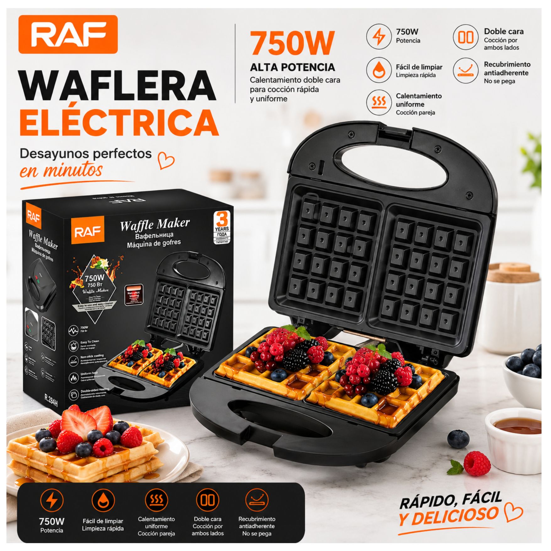 MAQUINA RAF ELÉCTRICA WAFLERA DOBLE CARA ANTIADHERENTE 750W RAF R284H - 3