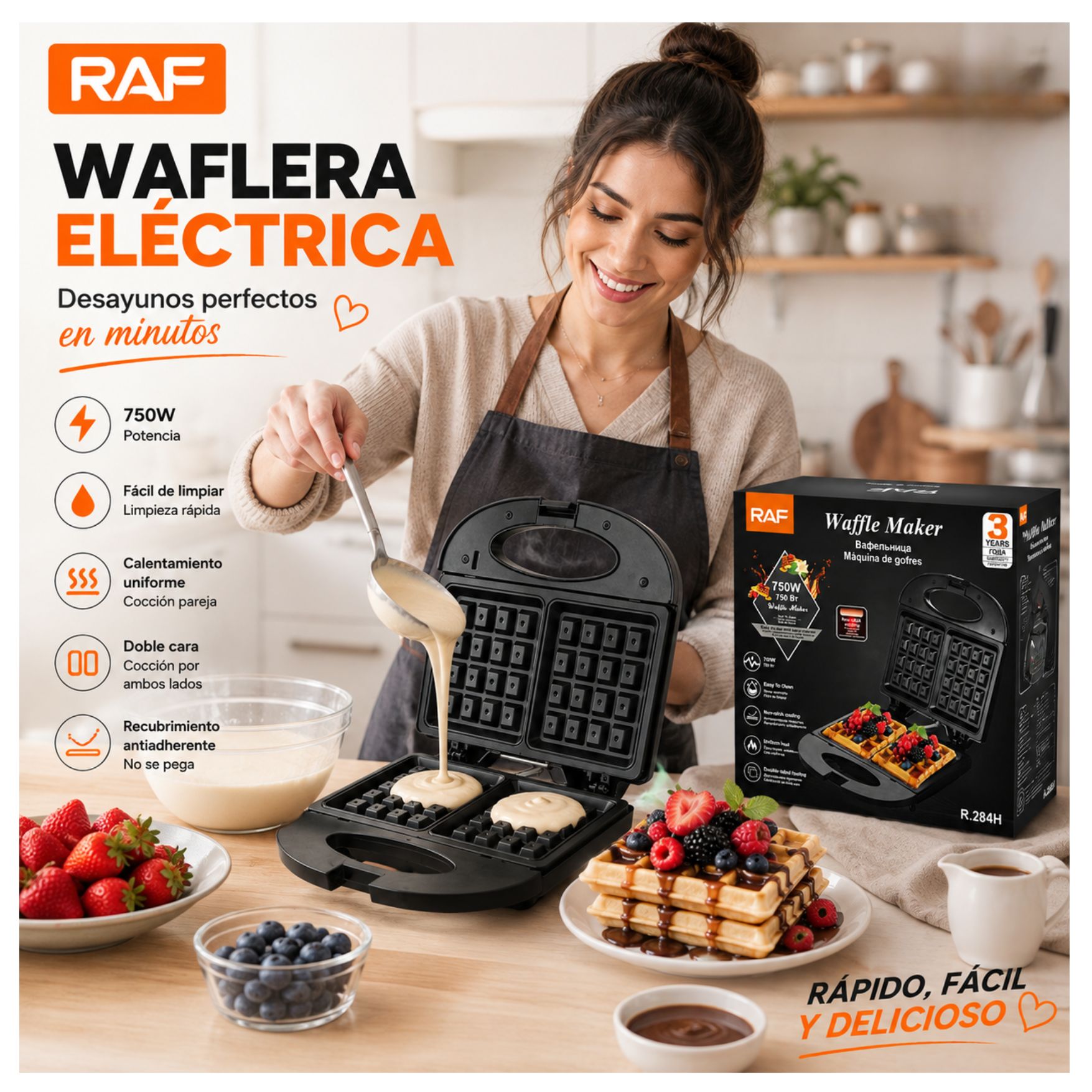 MAQUINA RAF ELÉCTRICA WAFLERA DOBLE CARA ANTIADHERENTE 750W RAF R284H - 4