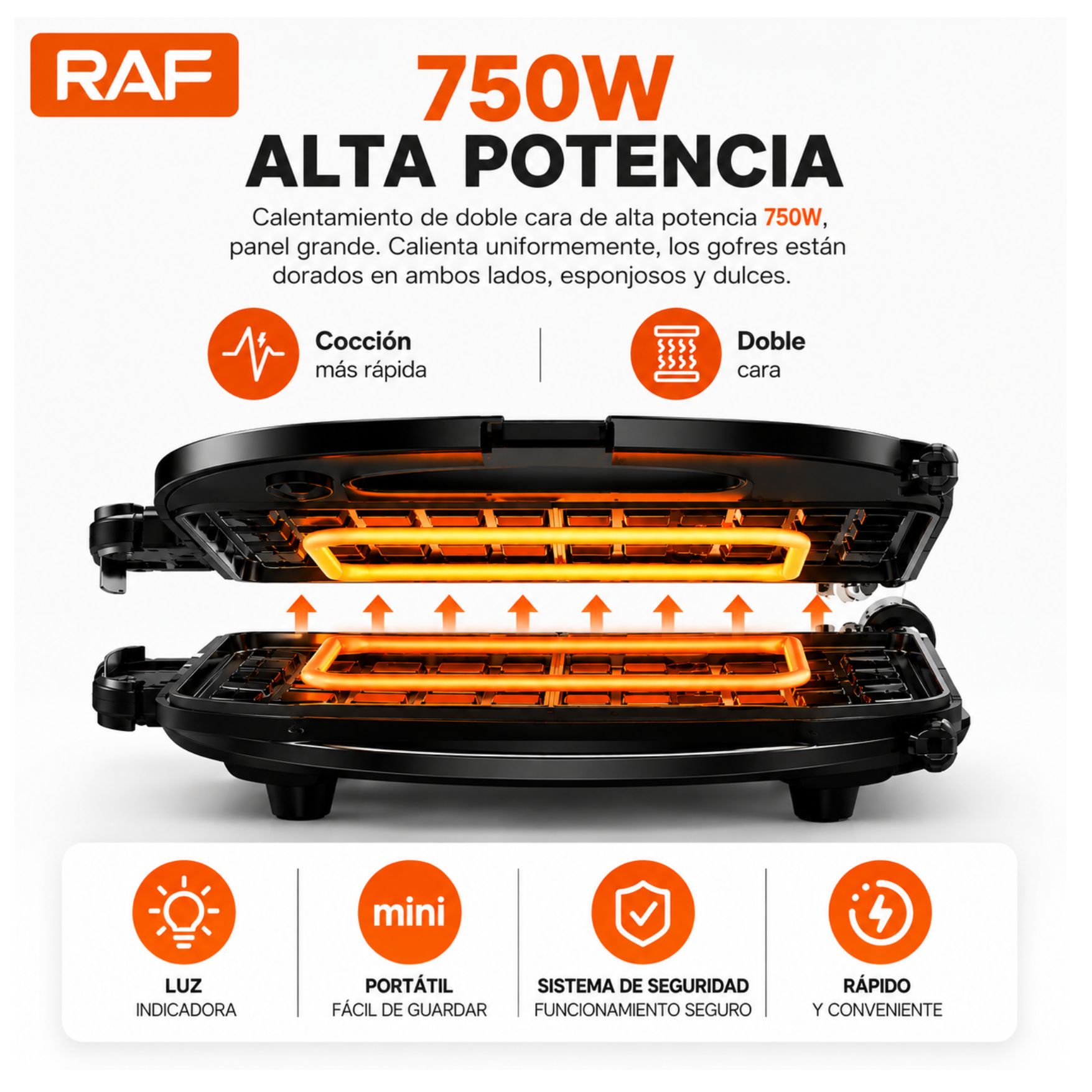MAQUINA RAF ELÉCTRICA WAFLERA DOBLE CARA ANTIADHERENTE 750W RAF R284H - 7