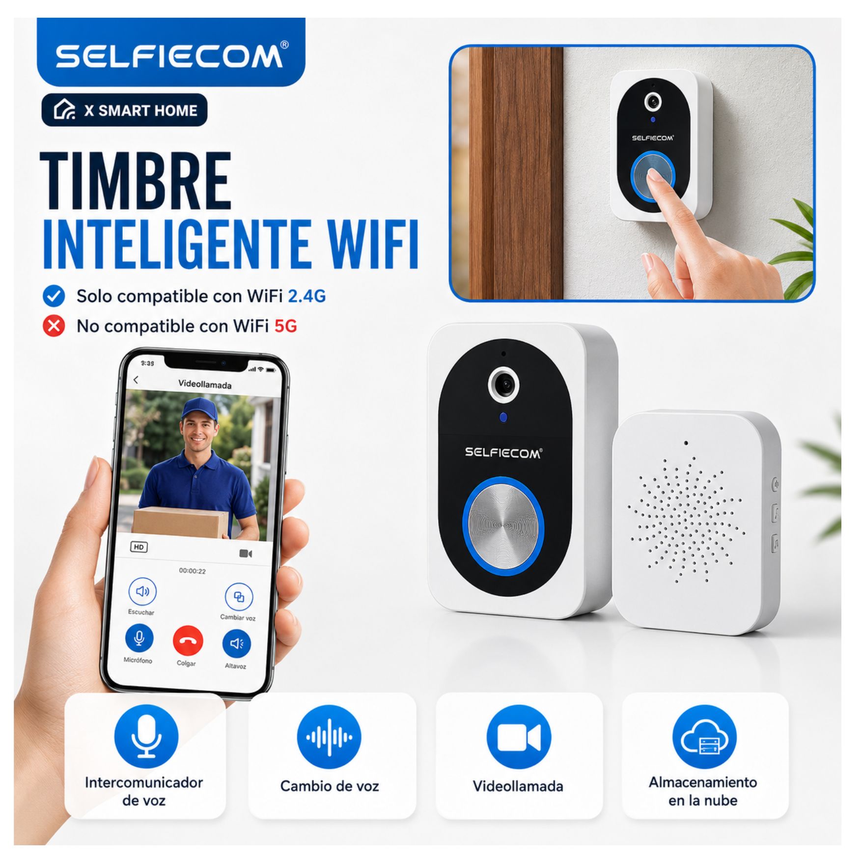 TIMBRE INTELIGENTE INALÁMBRICO CON CÁMARA Y VIDEO BIDIRECCIONAL WI-FI 2,4GHZ CON APP MÓVIL - 2