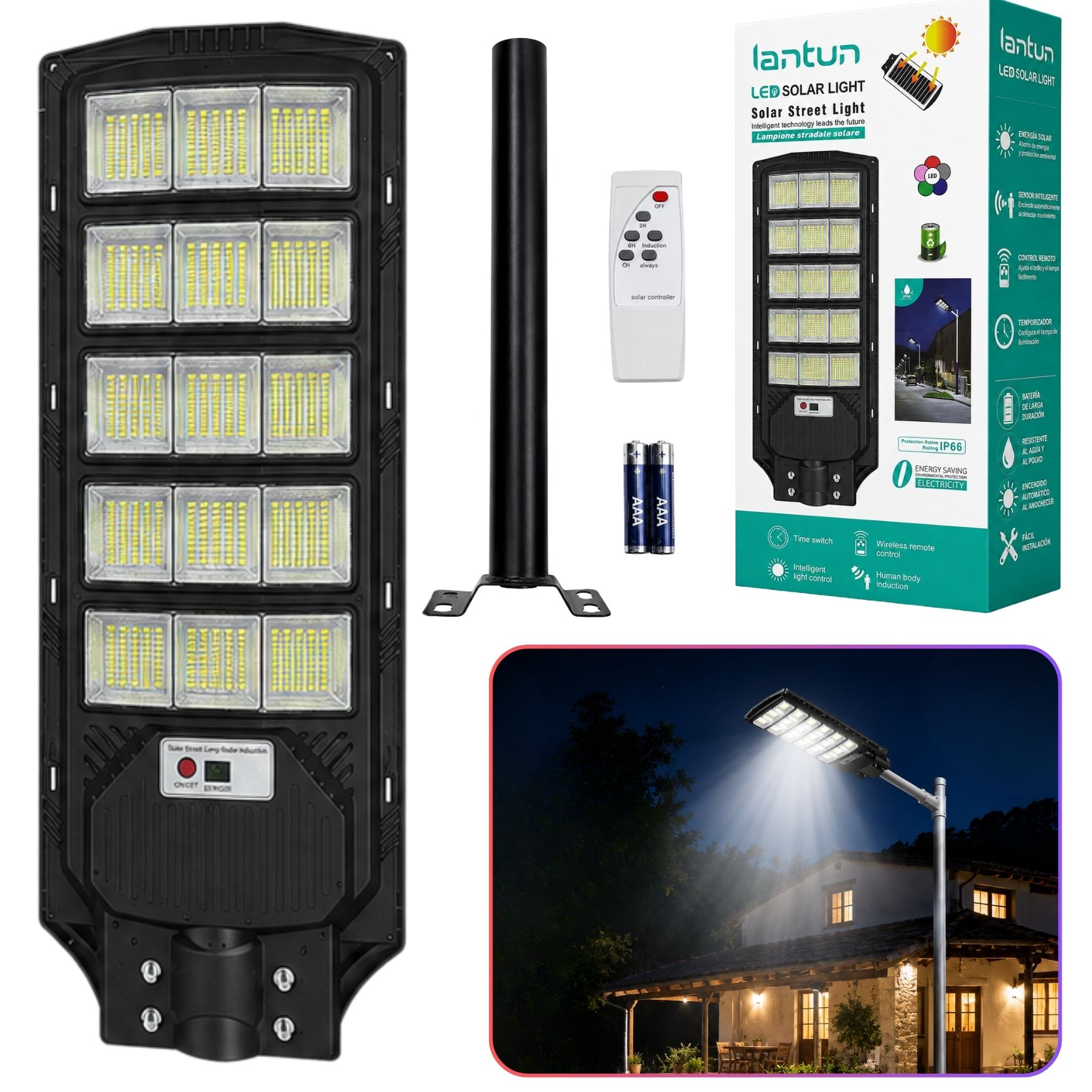 REFLECTOR FAROLA LUZ LED CON PANEL SOLAR LAMPARA ILUMINACIÓN SOLAR 500W + SOPORTE - 1