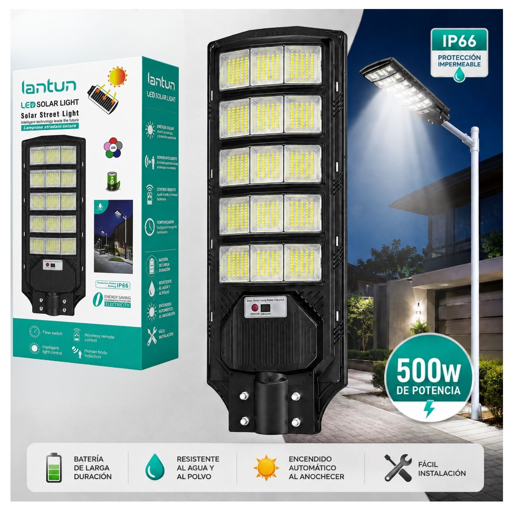 REFLECTOR FAROLA LUZ LED CON PANEL SOLAR LAMPARA ILUMINACIÓN SOLAR 500W + SOPORTE - 2