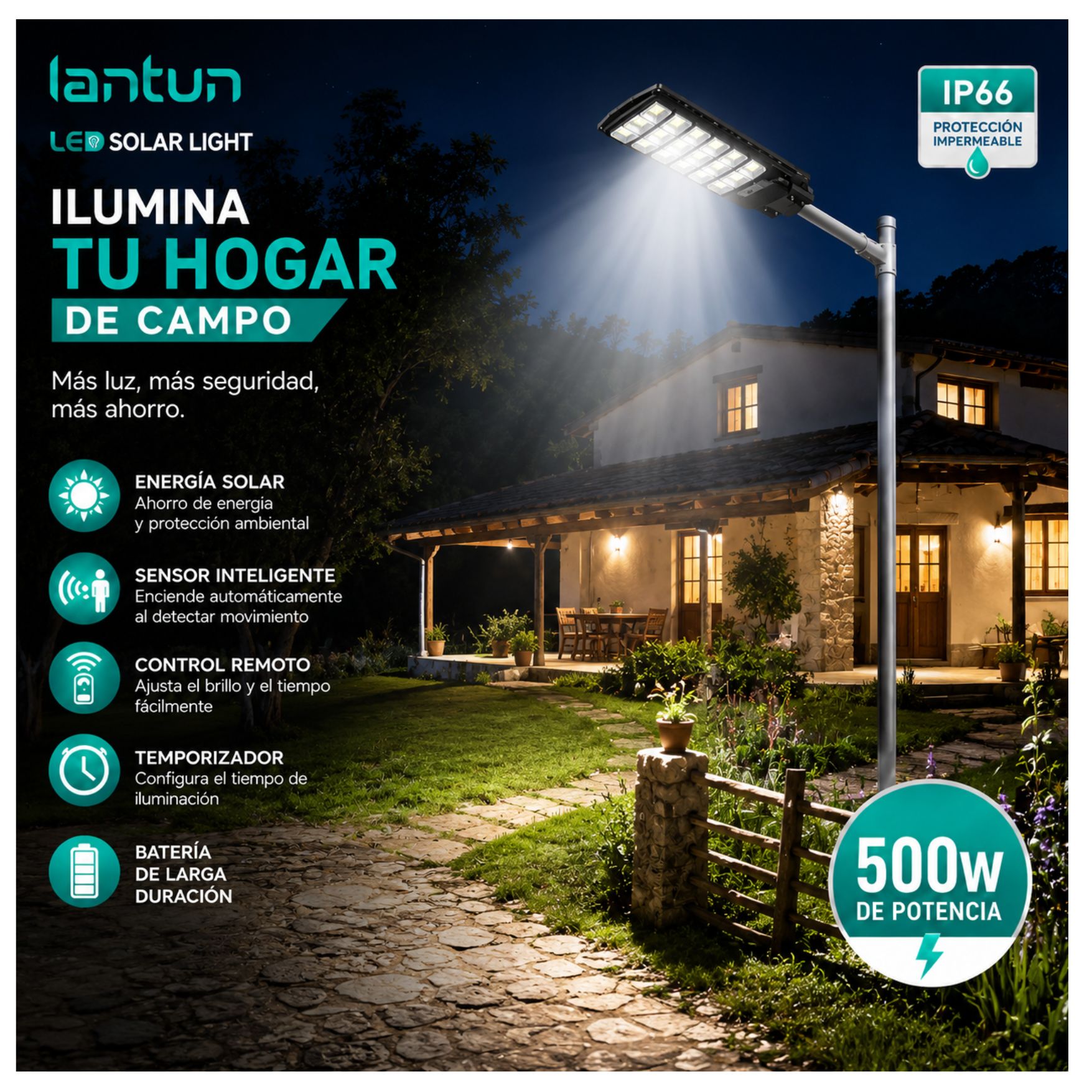REFLECTOR FAROLA LUZ LED CON PANEL SOLAR LAMPARA ILUMINACIÓN SOLAR 500W + SOPORTE - 4