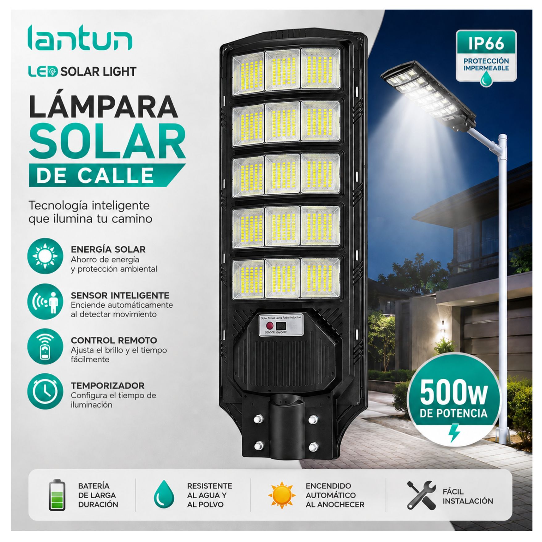 REFLECTOR FAROLA LUZ LED CON PANEL SOLAR LAMPARA ILUMINACIÓN SOLAR 500W + SOPORTE - 6