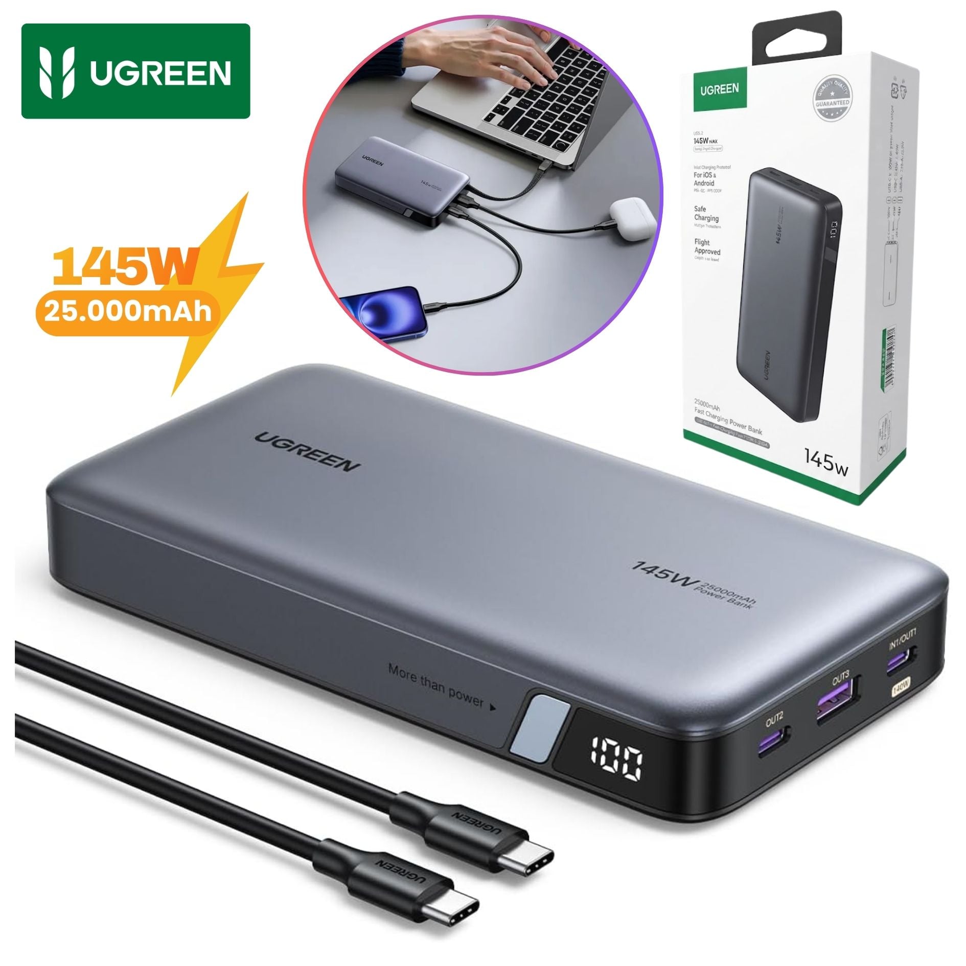POWER BANK CARGADOR BATERIA PORTATIL 25000 MAH 145W UGREEN - 1