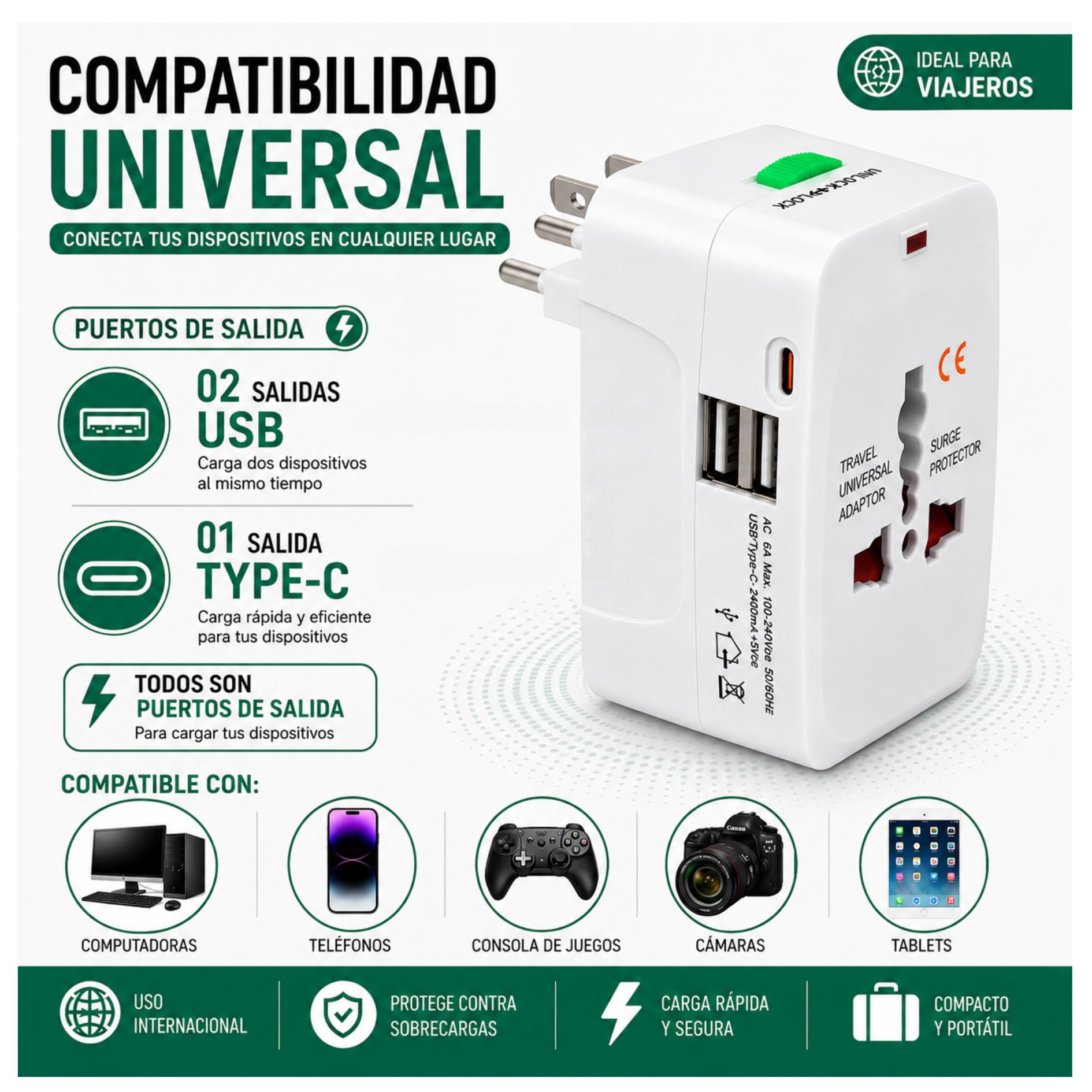 ADAPTADOR ENCHUFE UNIVERSAL DE VIAJE INTERNACIONAL CARGADOR USB , TYPE C COMPATIBLE 150 PAÍSES - 5