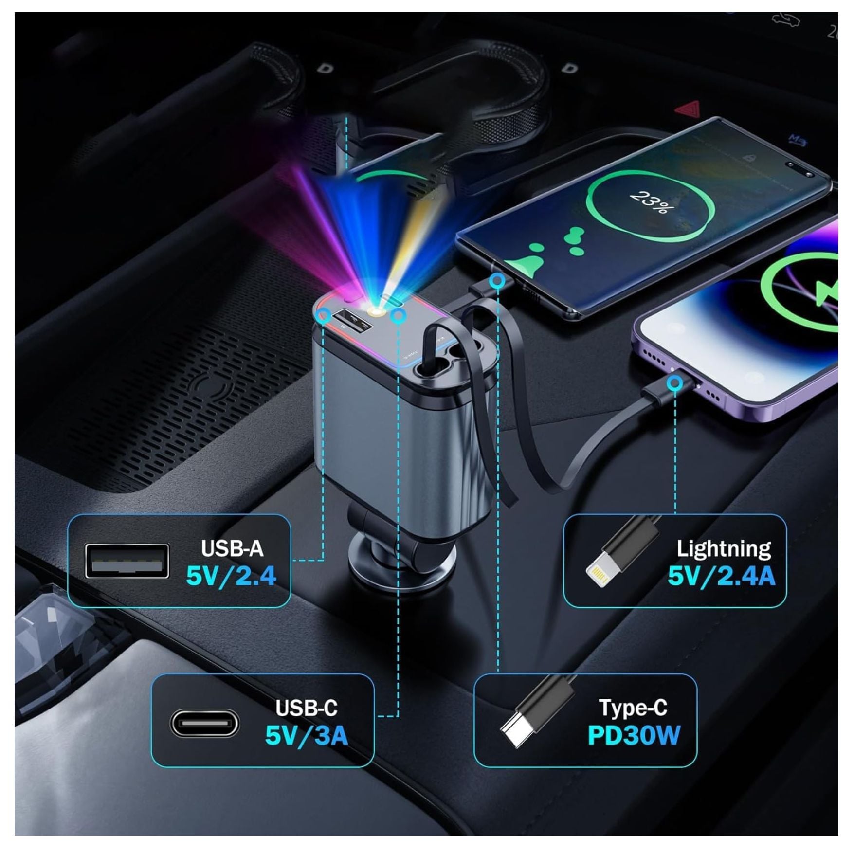 CARGADOR DE AUTO CON STARLIGHT, CARGA RAPIDA 66W TYPE C USB LIGHTNING CABLES RETRÁCTILES (80CM) - 5