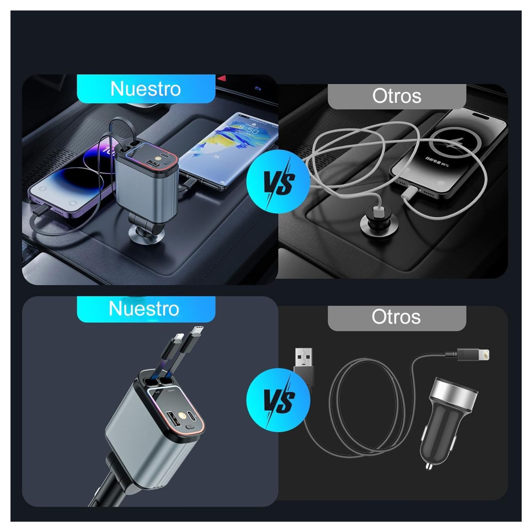 CARGADOR DE AUTO CON STARLIGHT, CARGA RAPIDA 66W TYPE C USB LIGHTNING CABLES RETRÁCTILES (80CM) - 6