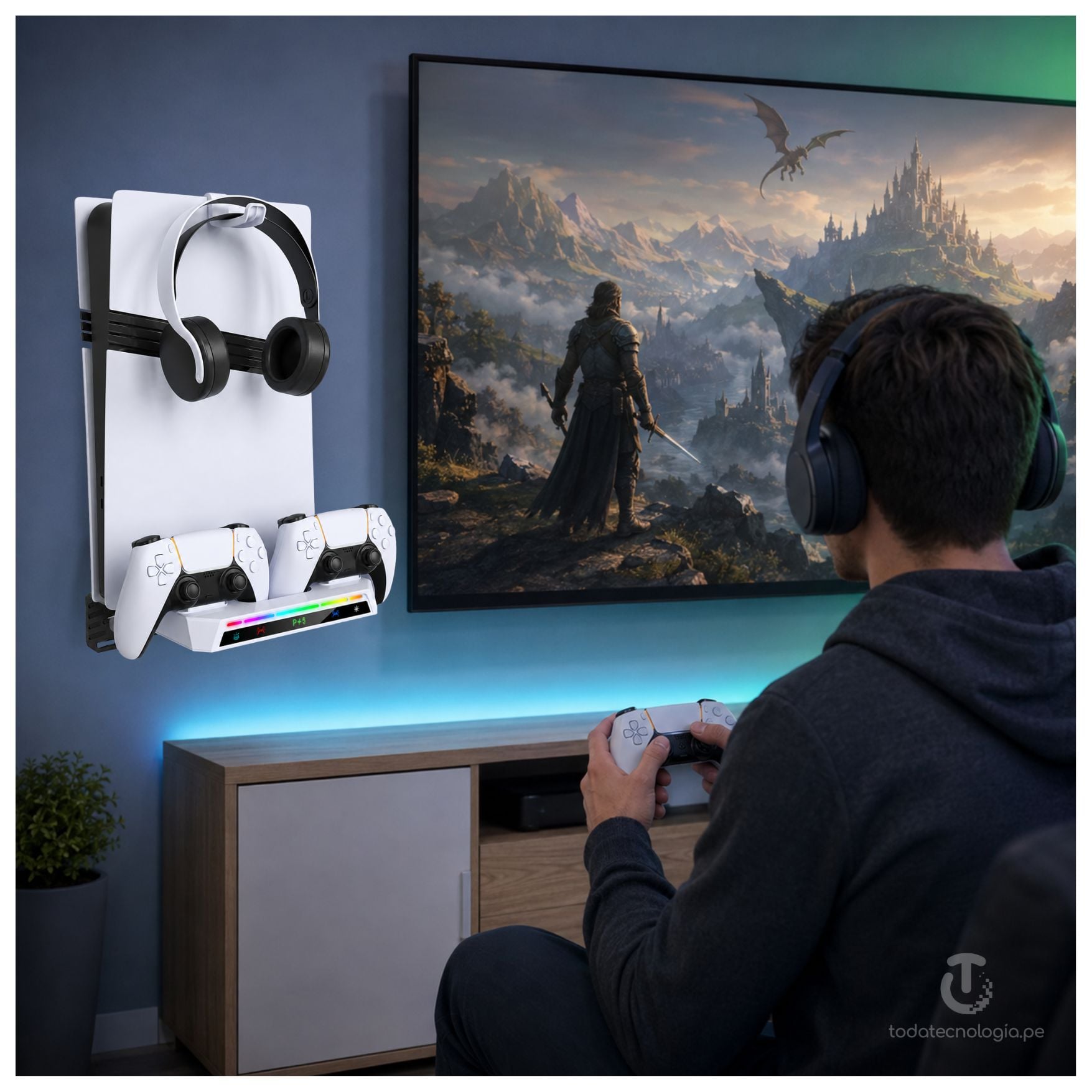 CARGADOR DE MANDO PS5 CON LUCES RGB BASE RACK SOPORTE METAL MONTADO EN LA PARED 3 EN 1 PS5 SLIM PRO - 3