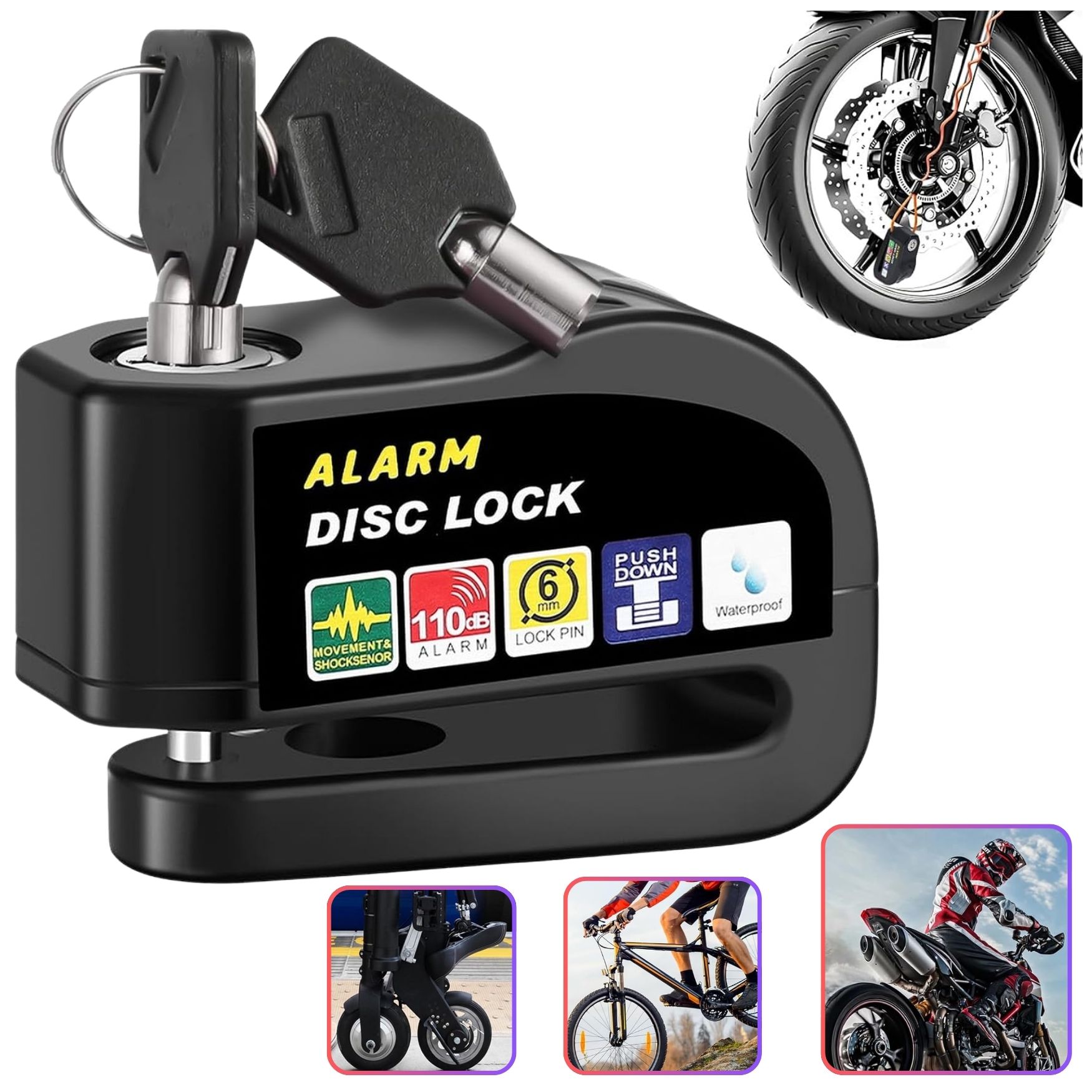 CANDADO DE DISCO ANTIROBO CON ALARMA SEGURIDAD MOTO BICICLETAS SCOOTER - 1