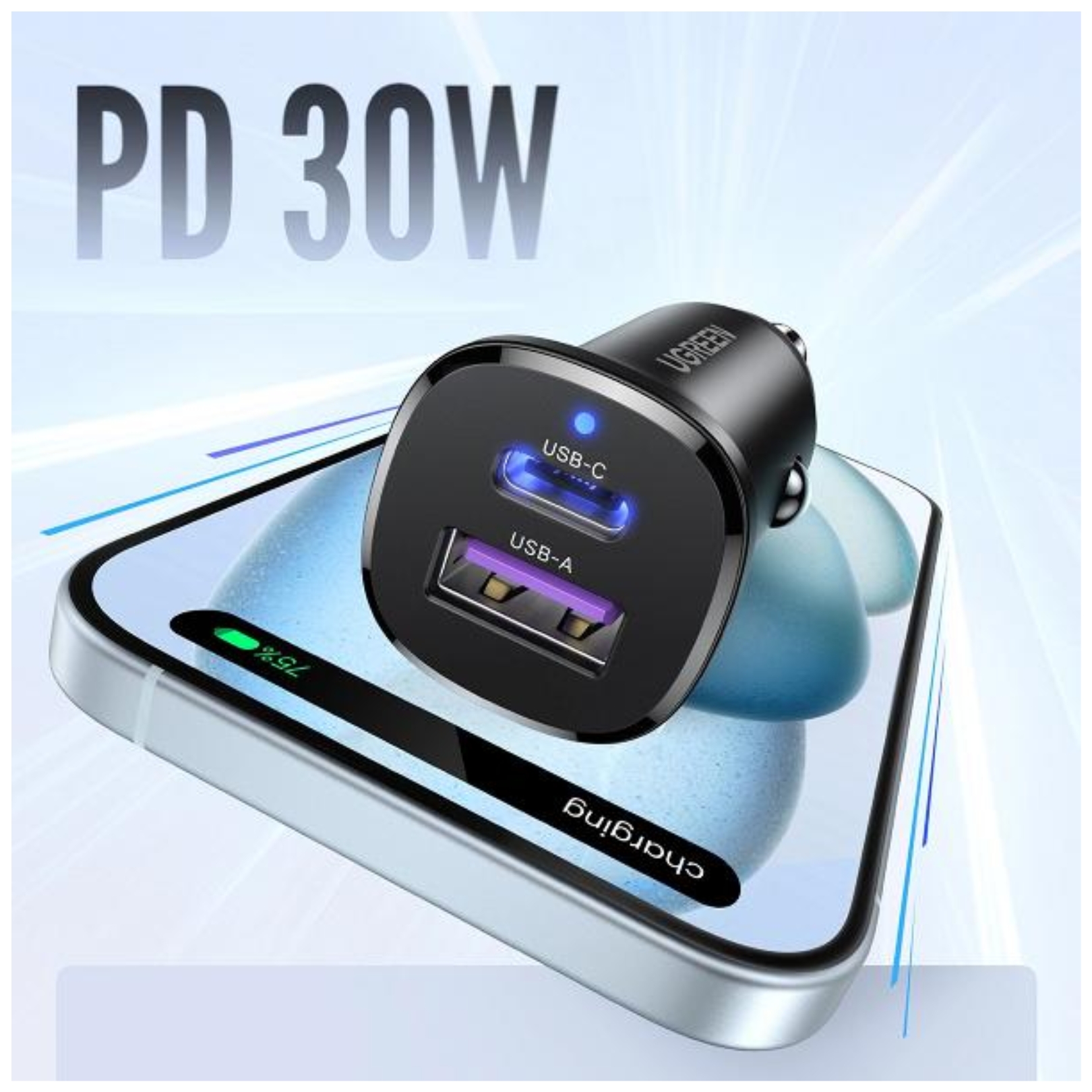CARGADOR DE AUTO UGREEN CARGA RAPIDA DE PD 30W 22,5W PARA IPHONE SAMSUNG XIAOMI OPPO HONOR - 6