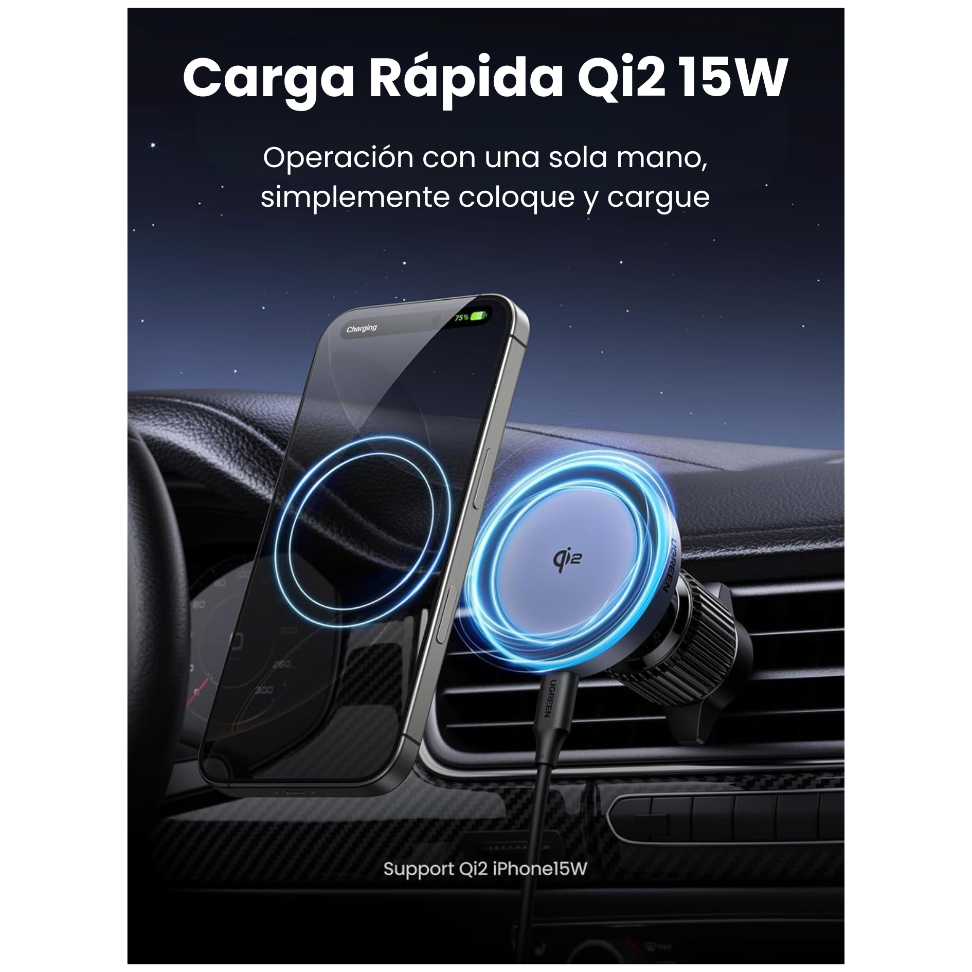 CARGADOR DE AUTO UGREEN INALÁMBRICO MAGFLOW QI2 DE 15W, HOLDER MAGSAFE MAGNETICO - 2