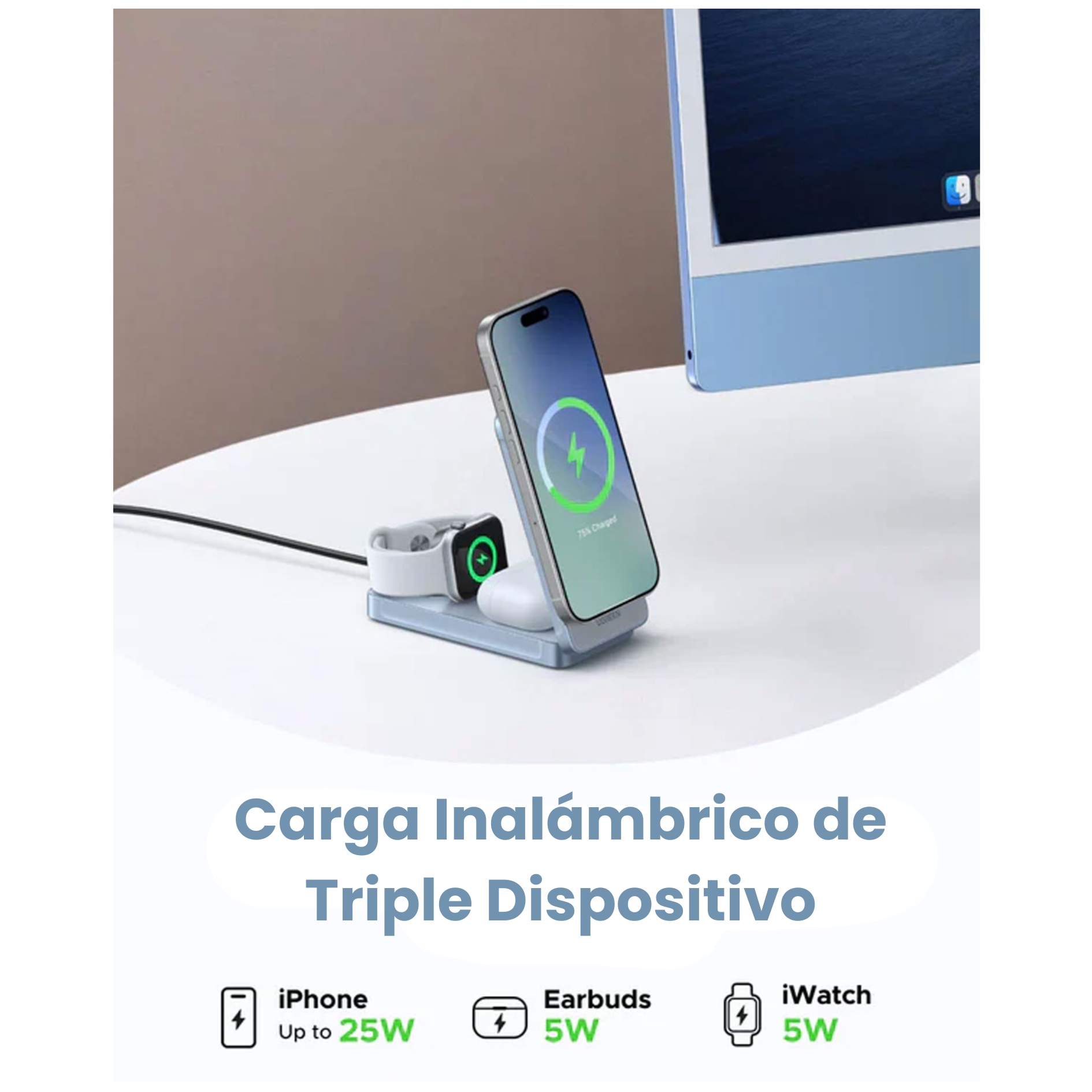 CARGADOR INALÁMBRICO UGREEN MAGFLOW 3 EN 1 PLEGABLE 25W CAGADOR QI2  MAGSAFE AIRPODS SMARTWATCH - 3