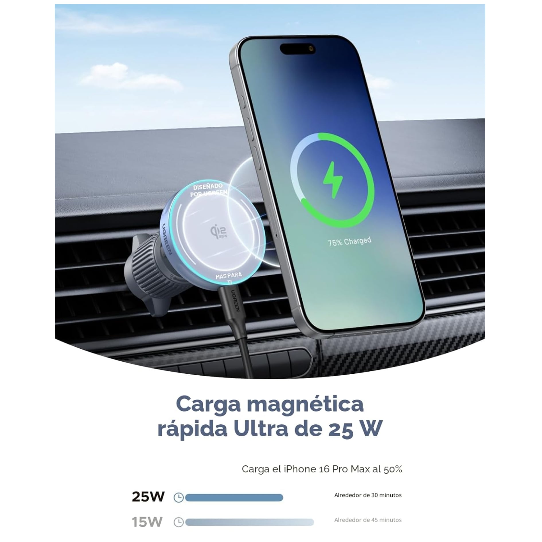 CARGADOR DE AUTO UGREEN INALÁMBRICO MAGFLOW QI2 DE 25W, SOPORTE HOLDER MAGNETICO - 2